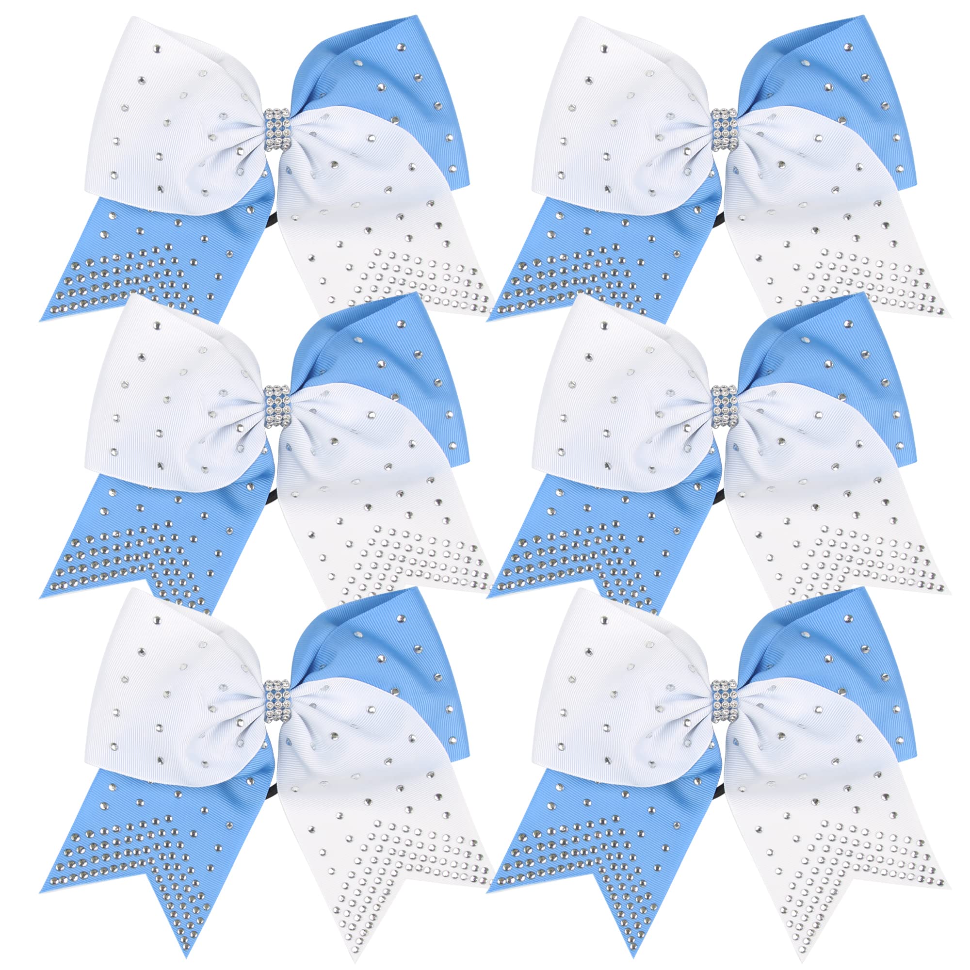 8 Inch 2 Colors Cheerleader Bows Ponytail Holder with Bling Fling Rhinestones Hair Tie Cheerleading Bows 6 Pcs (Columbia Blue/White)