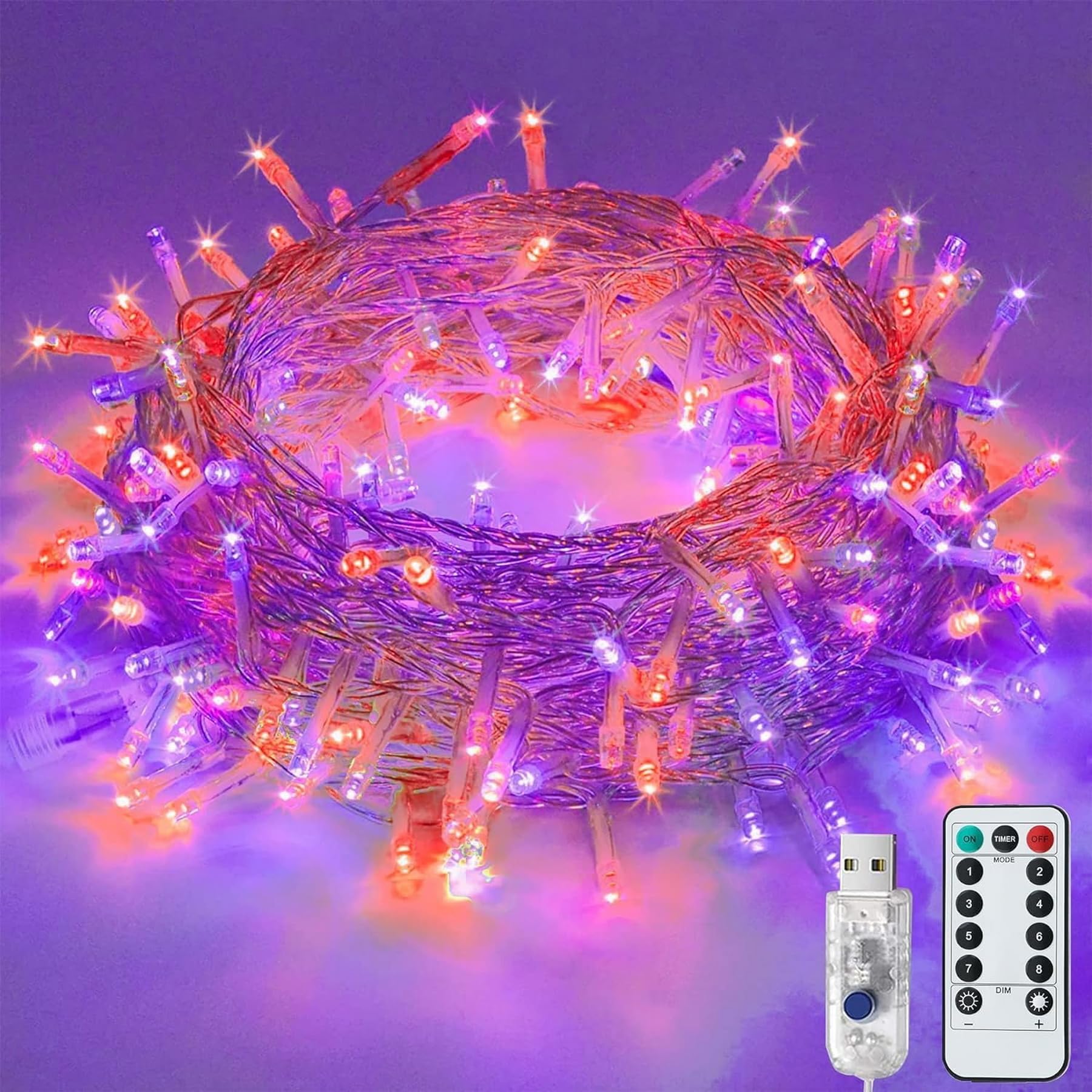 Lityby Purple+Orange 120Led Halloween Fairy Lights,8 Modes Usb Plug In String Lights Waterproof Outdoor/Indoor Christmas Lights With Remote Timer For Bedroom,Party,Wedding,Halloween Decoration (Purple+Orange)