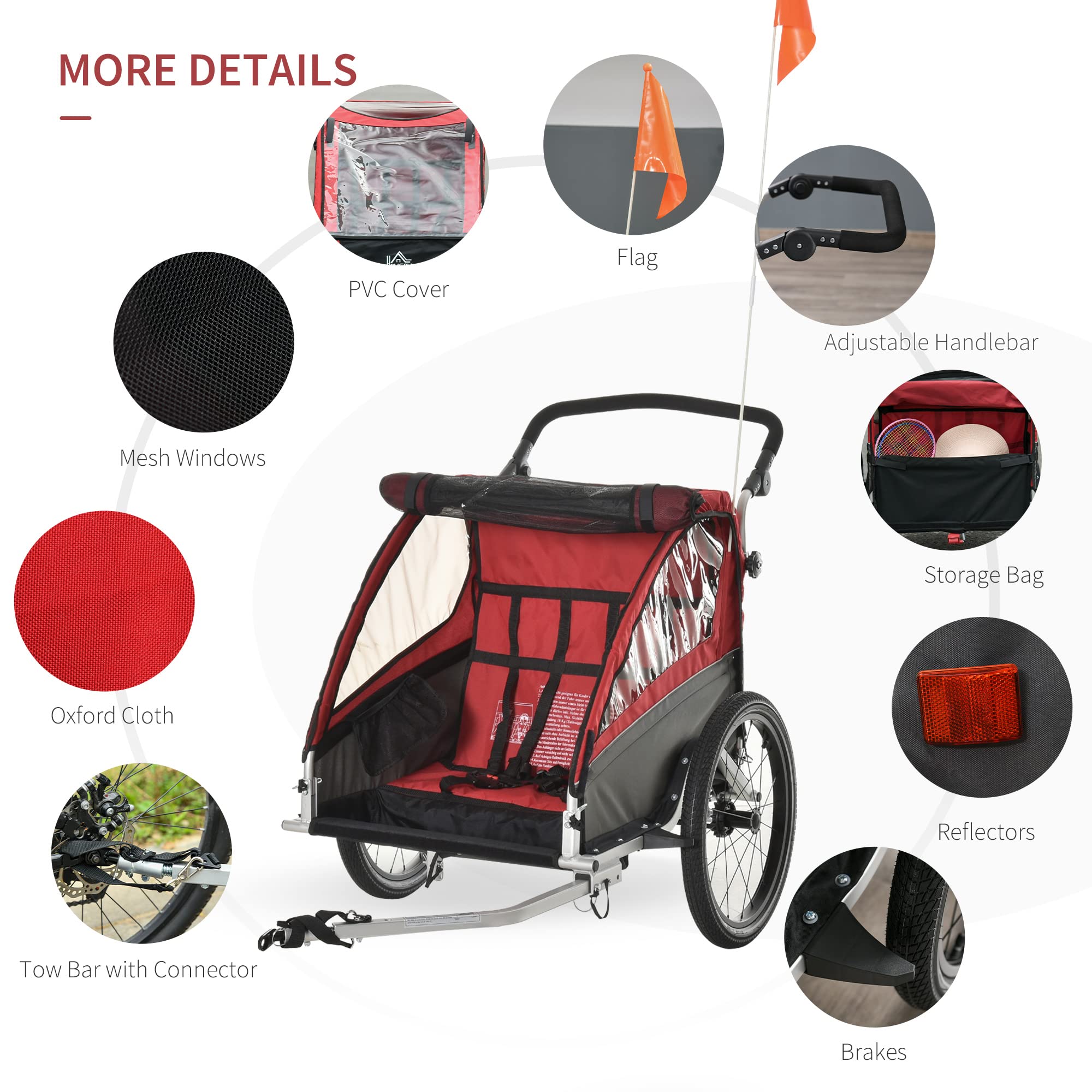 HOMCOM 3 in 1 Kinderanhänger Aluminium Kinder Jogger Fahrradanhänger Radanhänger für 2 Kinder mit Schwingungsdämpfungssystem Aufbewahrungstasche Verstellbarer Lenker