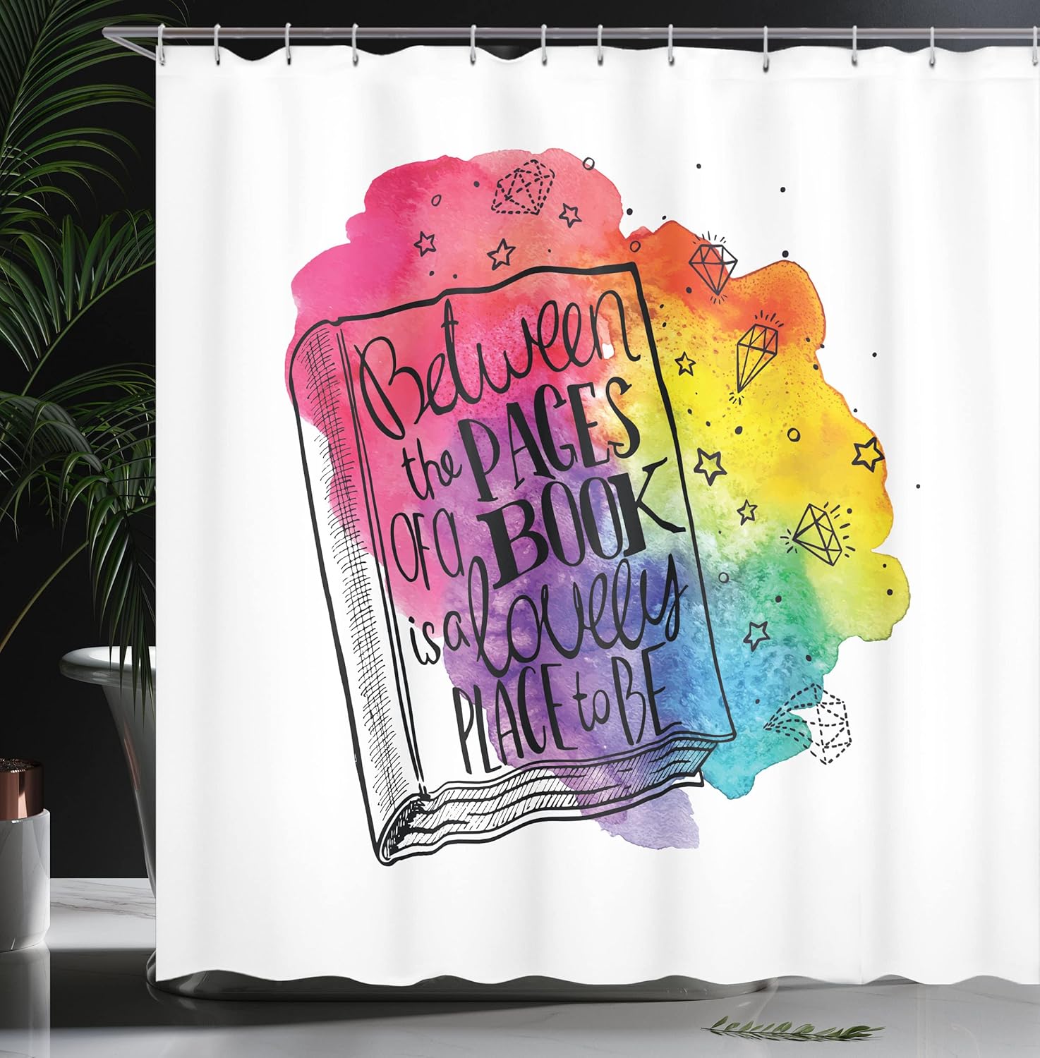 Ambesonne Book Shower Curtain, Between The Pages of a Book Words Print Among Vivid Colors and Diamonds, Cloth Fabric Bathroom Decor Set with Hooks, 69" W x 75" L, White Multicolor