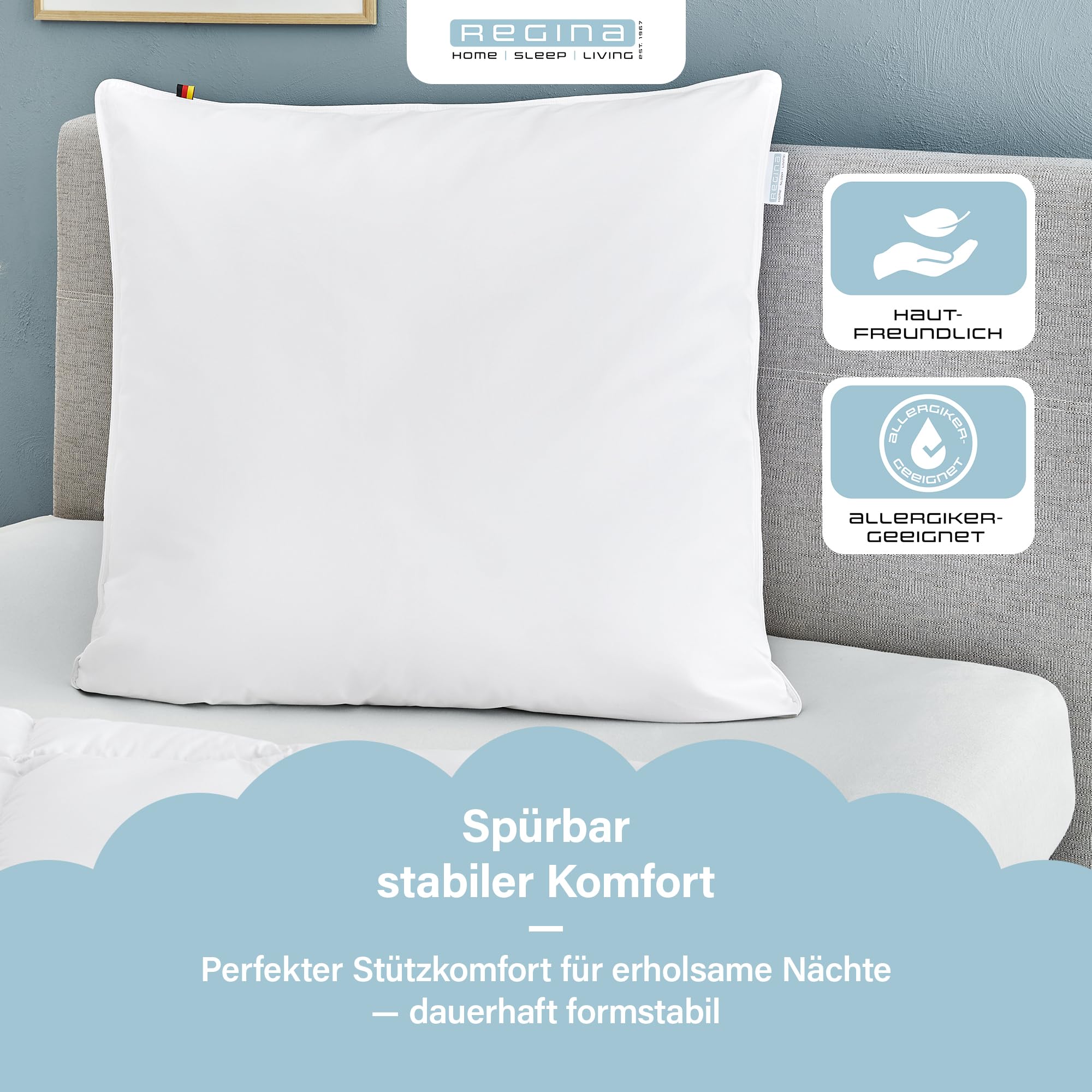 Regina Home 3-Kammer-Kopfkissen - 80x80 cm - Ergonomisches Nackenkissen mit 10% Federn & 90% Daunen - Waschbar & Allergiker Geeignet - 100% Baumwolle