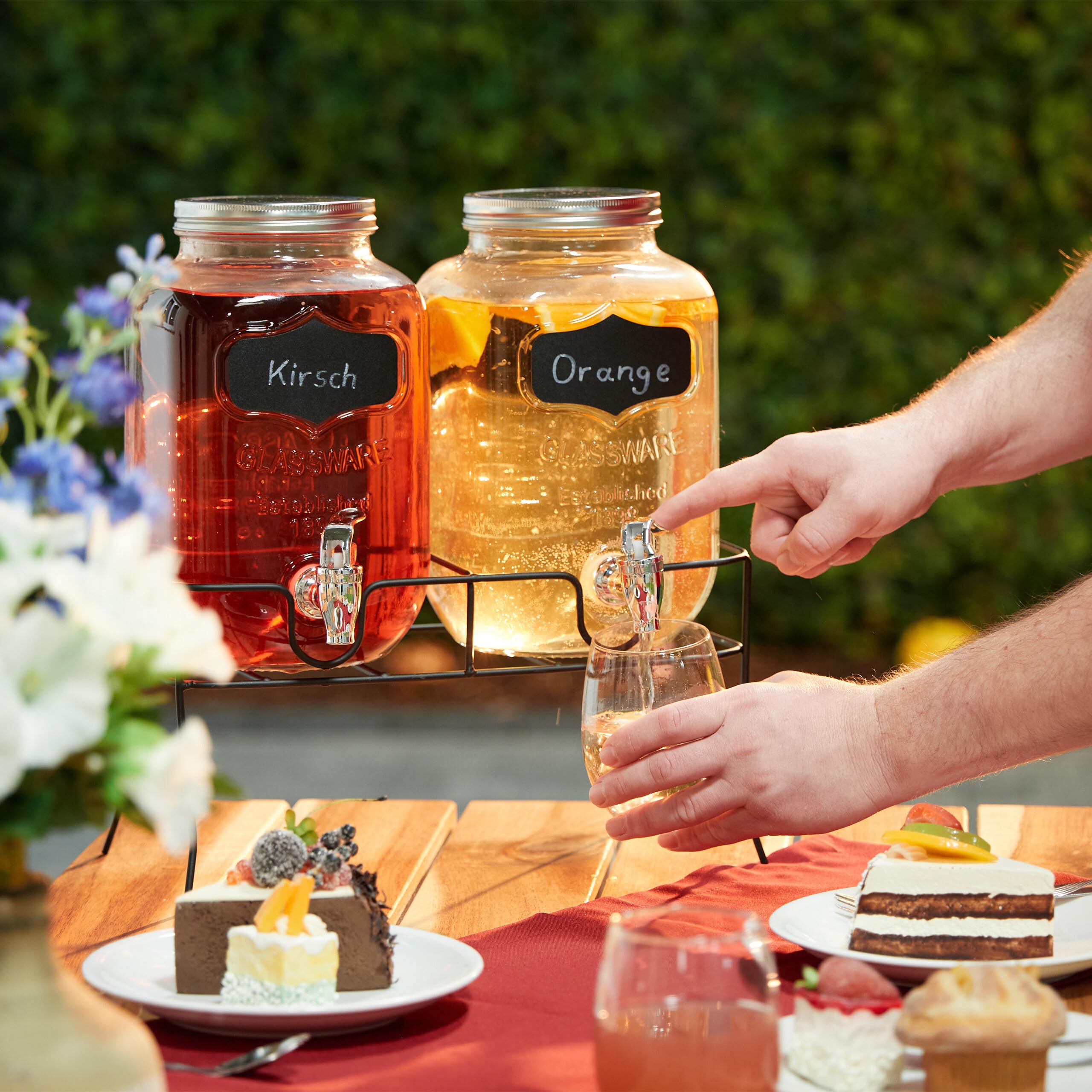 Relaxdays Set 2 Dispensadores Bebidas con Soporte, Recipiente Limonada 4L, Grifo y Tapa, Cristal, Surtidor, Transparente