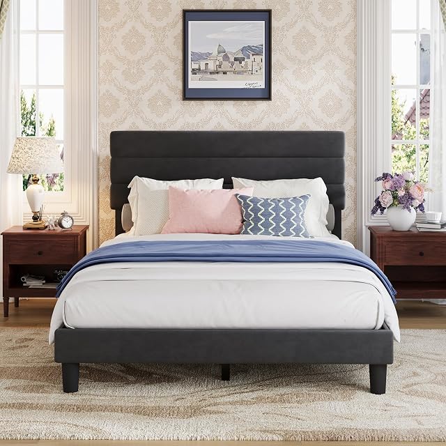 Avenco Full Size Bed Frame Upholstered Platform Bed Frame with 3-Height Adjustable Headboard Easy Tool-Free Assembly Under Bed