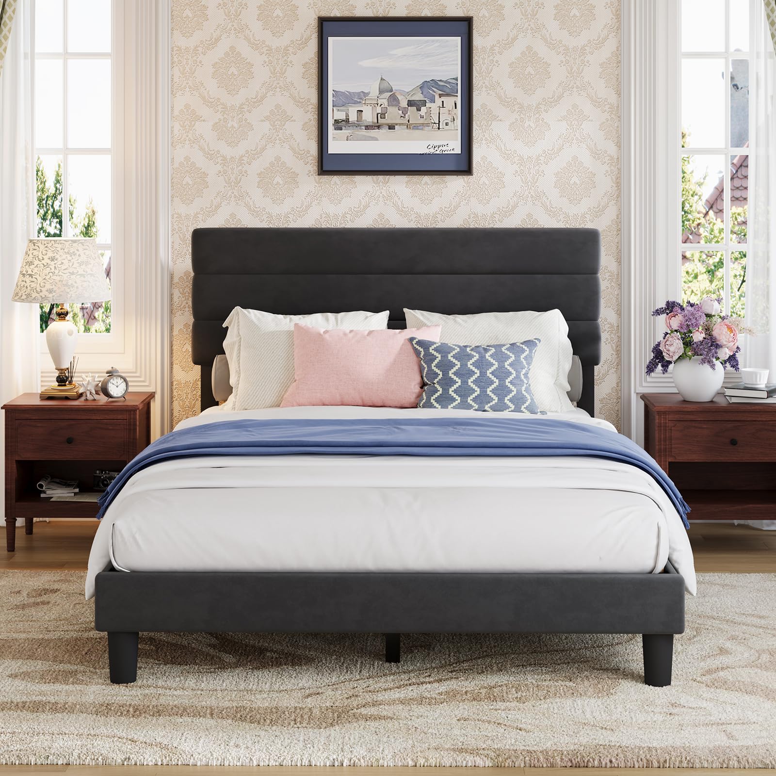 Avenco Full Size Bed Frame Upholstered Platform Bed Frame with 3-Height Adjustable Headboard Easy Tool-Free Assembly Under Bed