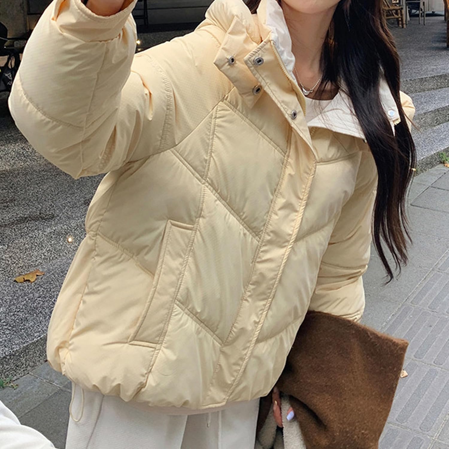 Womens Hooded Quilted Puffer Jacket Full Zip Mid-length Padded Warm Winter Heavyweight Coat Outerwear with Pockets
