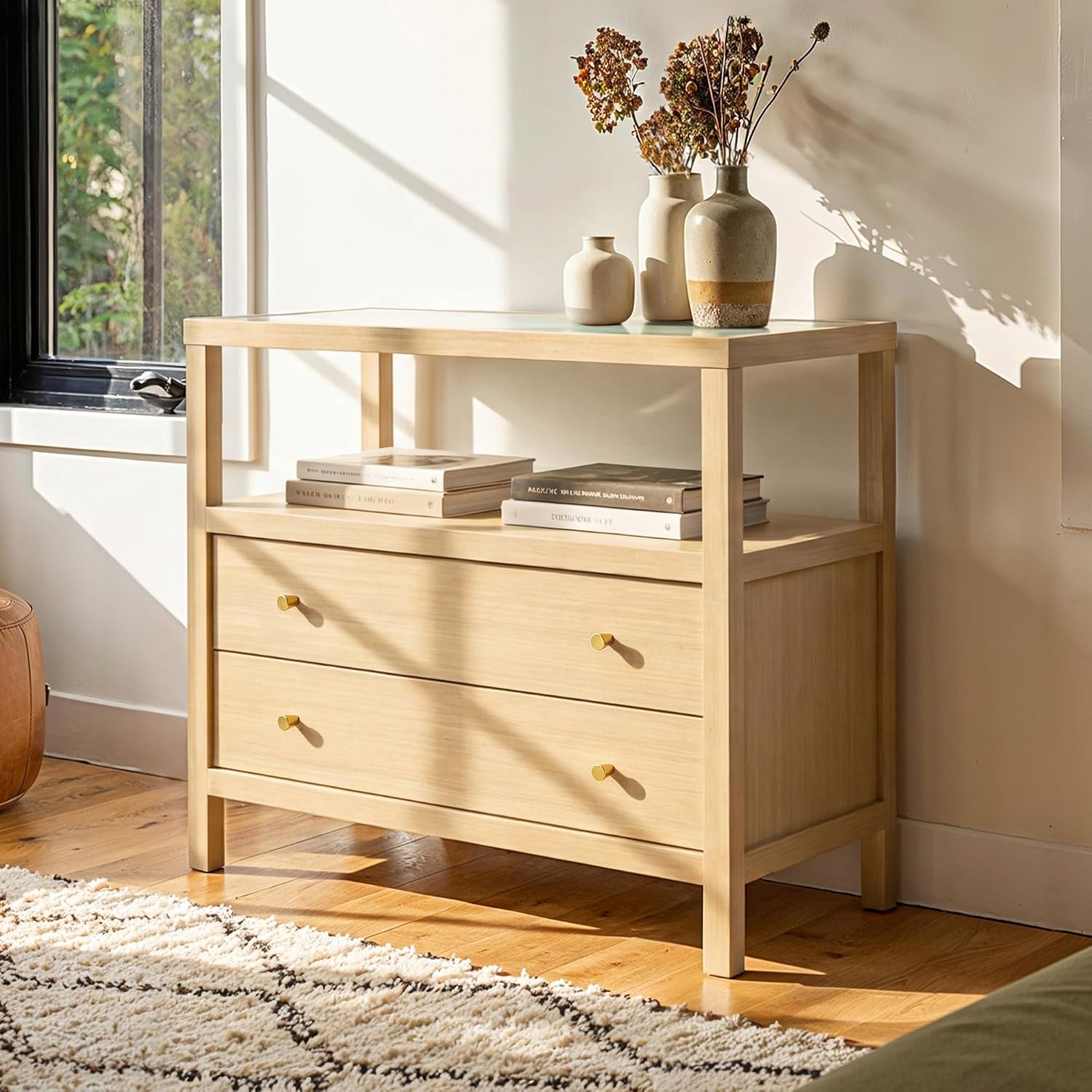 Homsee Pre-Assembled Solid Wood Drawer Nightstand, 31.5" W Storage Cupboard with Glass Top and Concealed Slides, Living Room Side Table Credenza, Dining Room Sideboard Cabinet, Oak