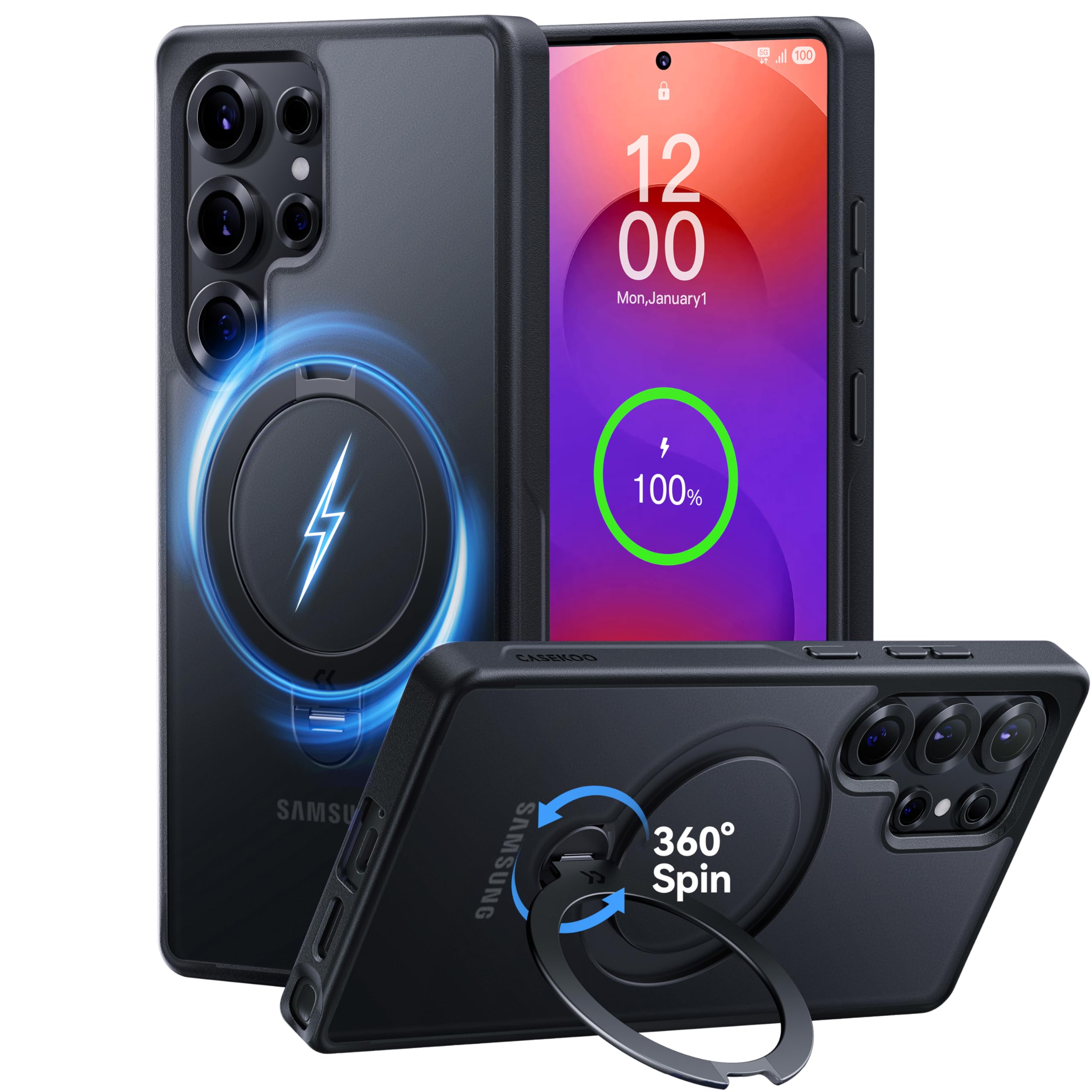 CASEKOO 360° MagicStand for Samsung S25 Ultra Case for MagSafe [Super Magnetic] [16FT Military Protection] Shockproof Samsung Galaxy S25 Ultra Case Frosted Translucent Phone Cover 6.9'', Matte Black