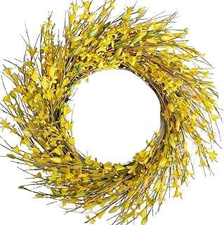 Bibelot 18inch Artificial Forsythia Flower Wreath, All Year Around Wreath for Front Door, Wedding Window Home Wall Indoor Front Door Decor (Yellow, 18in)