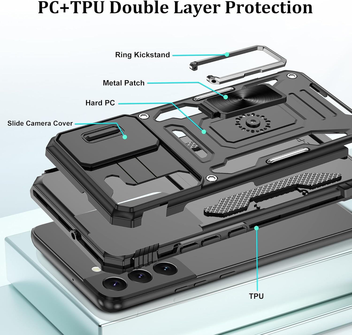 Gritup for Samsung Galaxy S22 Plus Case with 2-Pack HD Screen Protectors and Slide Camera Cover，12 FT Military Grade Drop Protection，Magnetic Ring Holder Kickstand Protective Phone Case,Black - Image 7