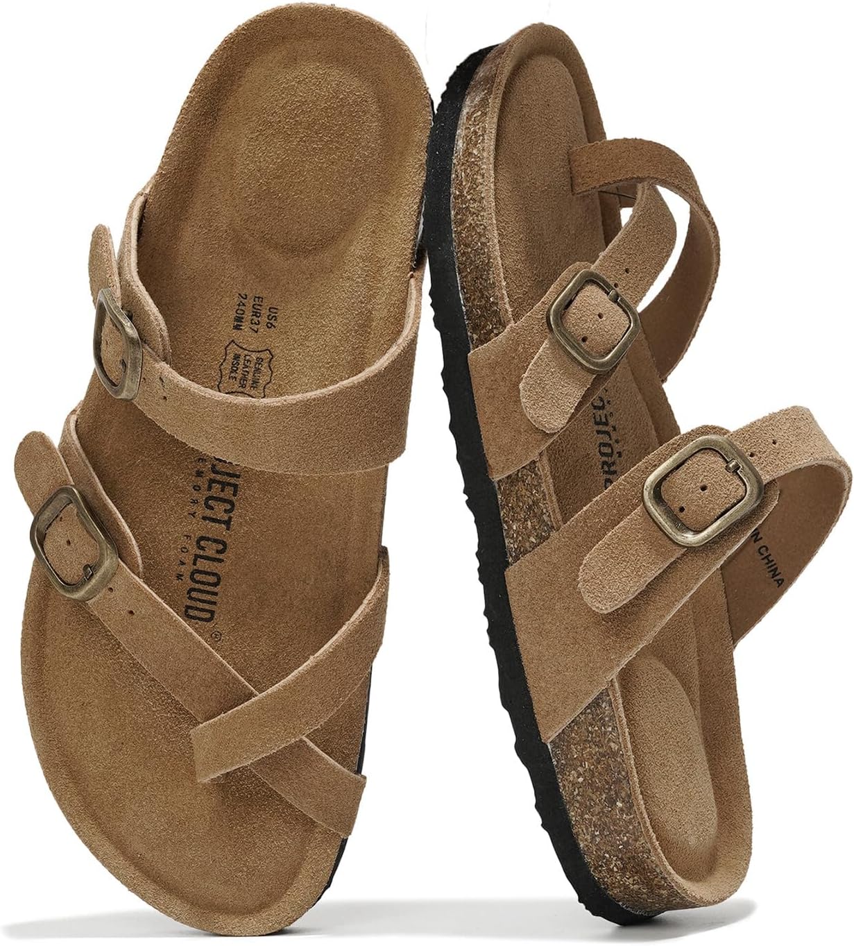 Project CloudGenuine Leather Womens Sandals - Comfortable Cork Footbed Slides with Memory Foam Beach Essential Summer Sandals For Women 2025 (Lian)