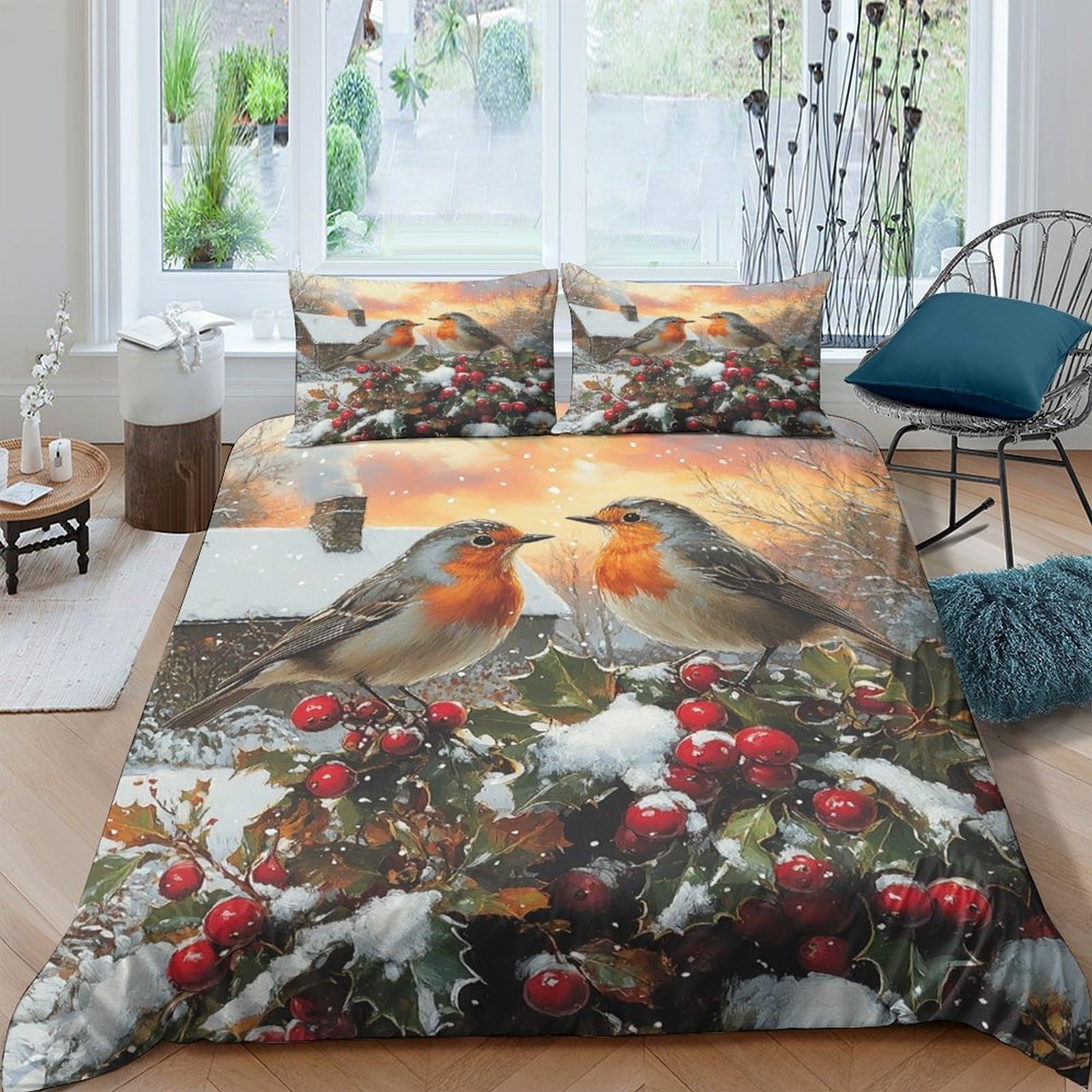 Ctjqhvkz Style-6 3D Printed Robin Bird Fitted Sheet Microfiber Soft Winter Berry Mattress Cover For Bedroom Guest Room Decor Dustproof Single（135X200cm）