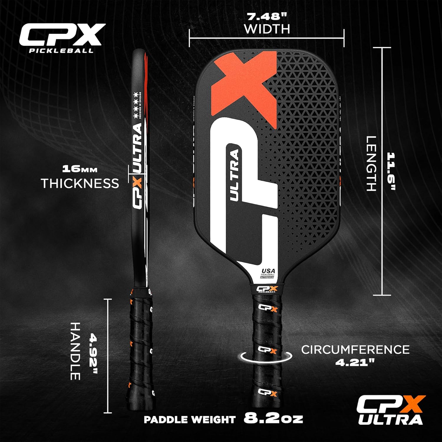 CPX Ultra Series Fiber-Reinforced Friction Surface Pickleball Paddle - 16mm Polypropylene Honeycomb Core, Lightweight for Speed - Image 3