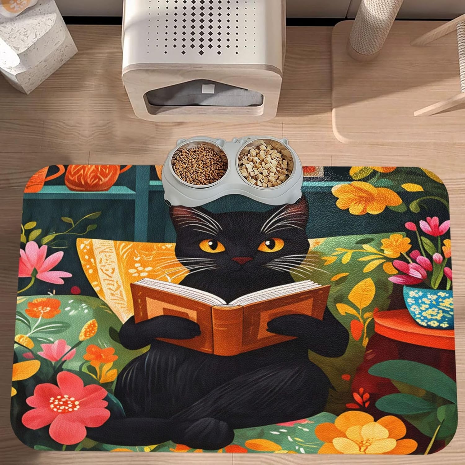 Cute Black Cat Dog Food Mat, Leather Pet Feeding Mat, Cat Mat for Food, Absorbent Pet Placemat for Indoor Outdoor Water Bowl 40x60cm
