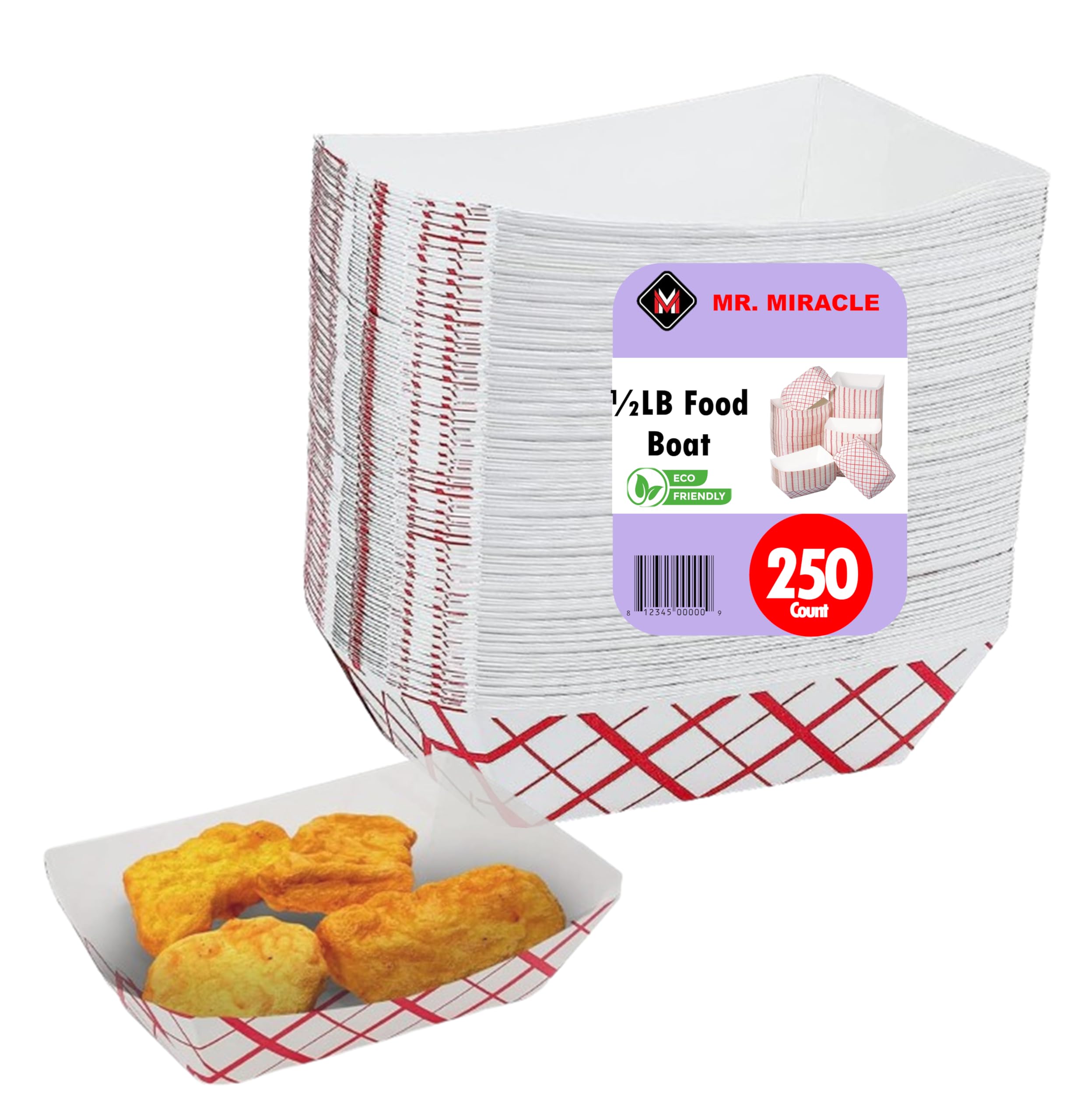 Paper Food Trays, Red & White Checkered Paper. Extra Small (1/2 LB). 250 Pack, Disposable, Recyclable Serving Boats.for Condiments, Snacks & Concession Food, Grease Ressistant