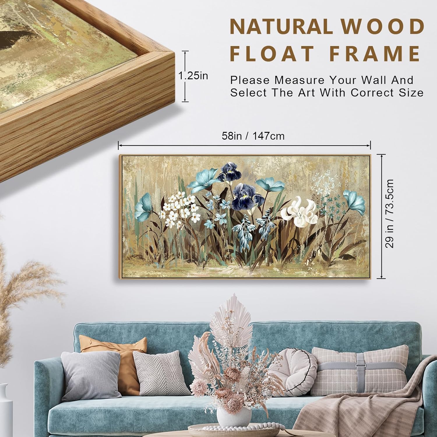 Framed Flower Canvas Wall Art Blossom Canvas Pictures Abstract Grey Cream Brown Landscape Artwork Canvas Prints for Home Living Room Bedroom Kitchen Office Wall Decor Ready to Hang 24x 48