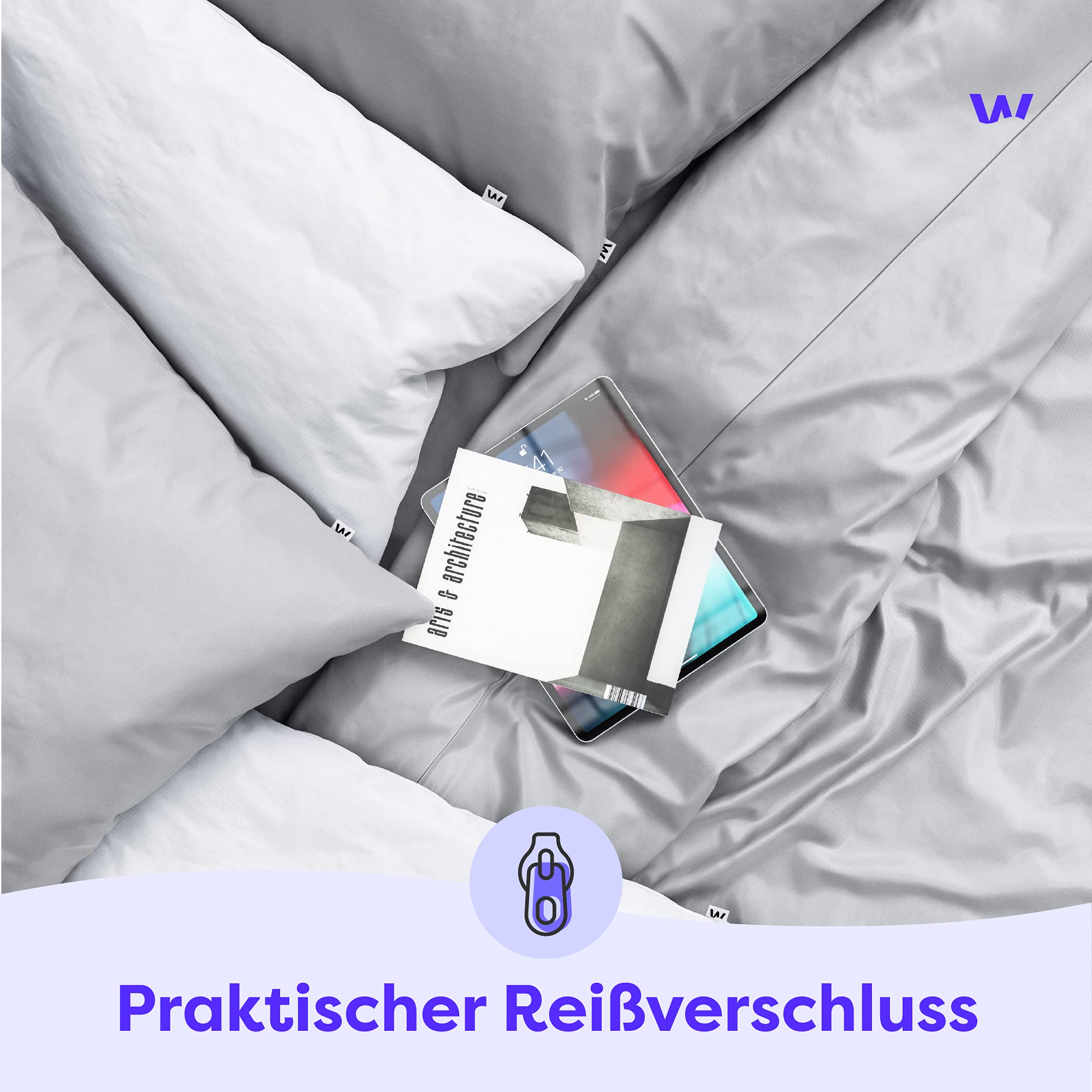 Wolkenfeld Bettwäsche 155x220 Mako Satin - 100% Baumwolle - Traumhaft weich - Bettwäsche-Sets - 1x Bettbezug 155 x 220 + 1x Kissenbezug 80x80 Hellgrau