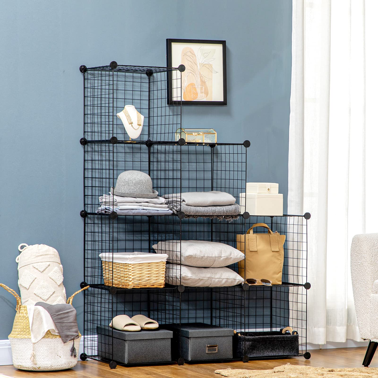 HOMCOM Étagère Modulable Meuble de Rangement Cube 9 Compartiments Noir | Étagère Cube DIY en Treillis Métallique, pour Salon, Chambre à Coucher