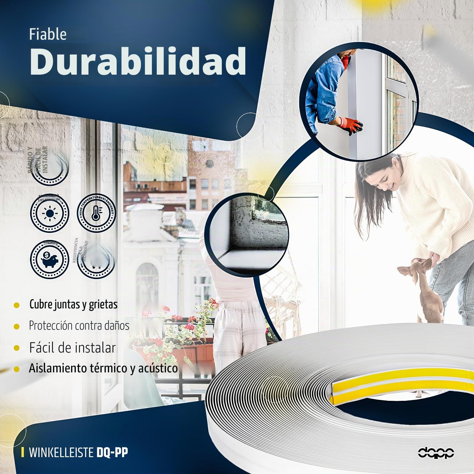 DQ-PP Listón angular de 10 m de longitud, 15 x 15 mm, grosor de 1,5 mm, blanco, para ventanas, ángulo de plegado, listones de esquina, listones de acabado autoadhesivos