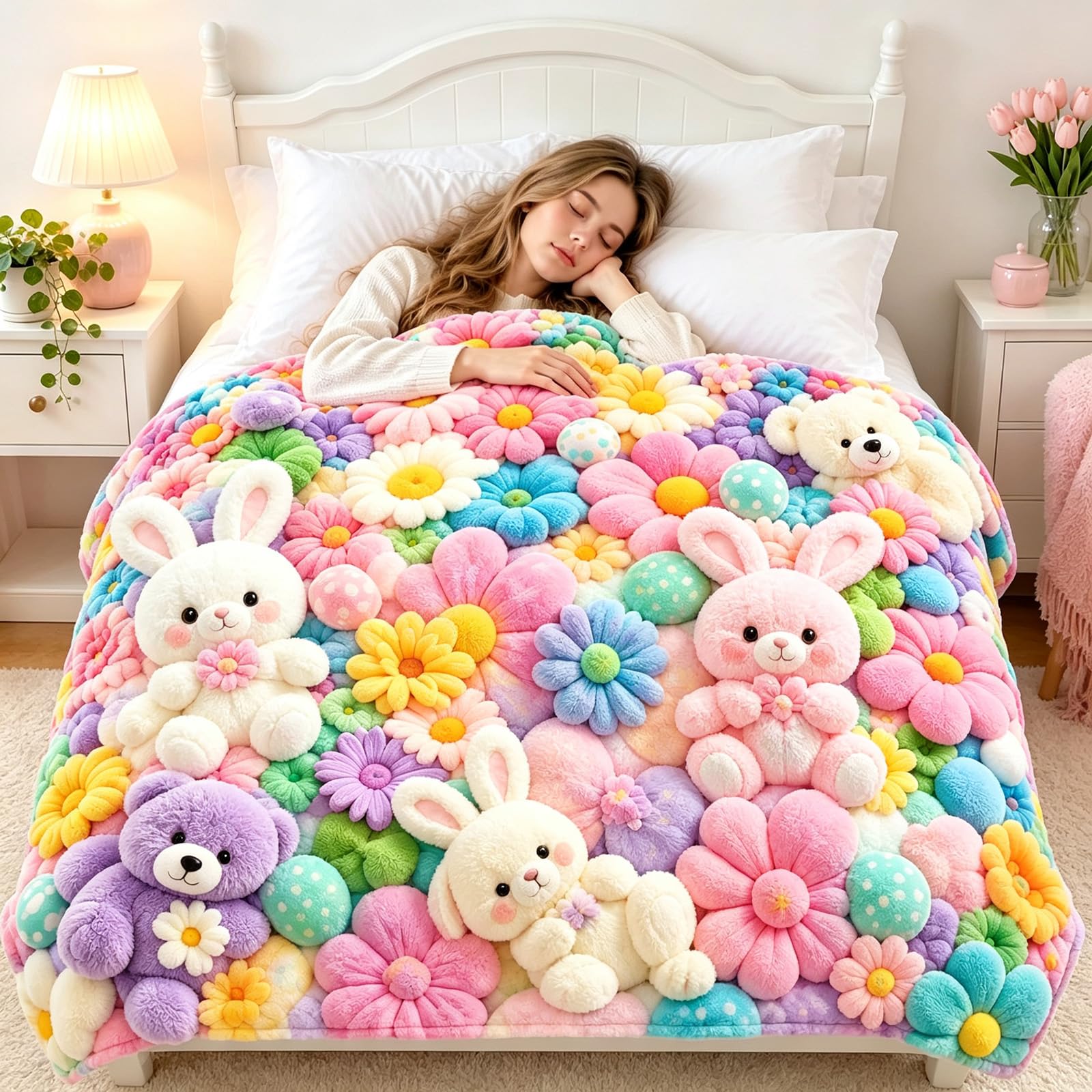 3D Teddy Plush Throw Blanket, 3D Plush Blanket, Pastel Floral Print，B：XL