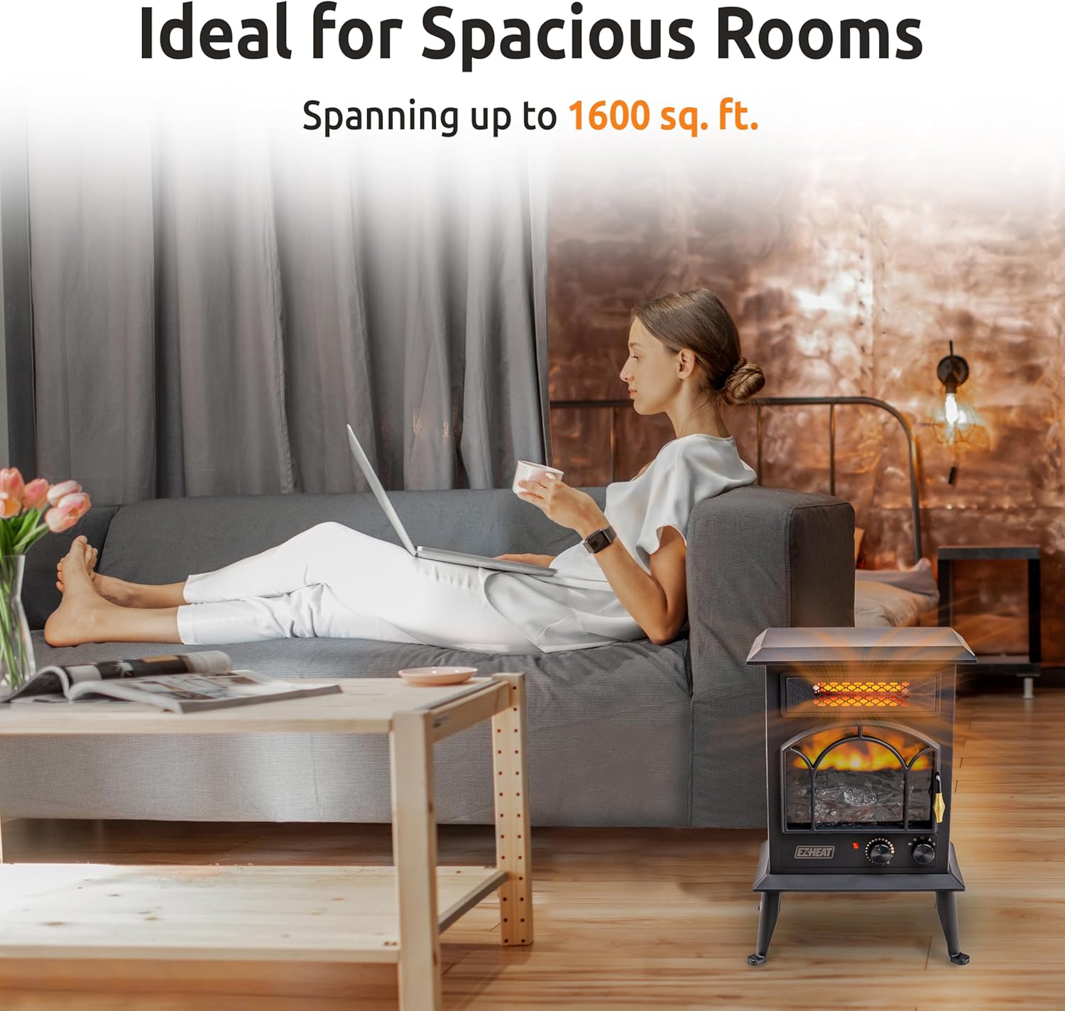 EZ-Heat Electric Fireplace Space Heater with Flame Effect, Adjustable Thermostat, Dual Heat Settings, and Overheat Protection, MT1288