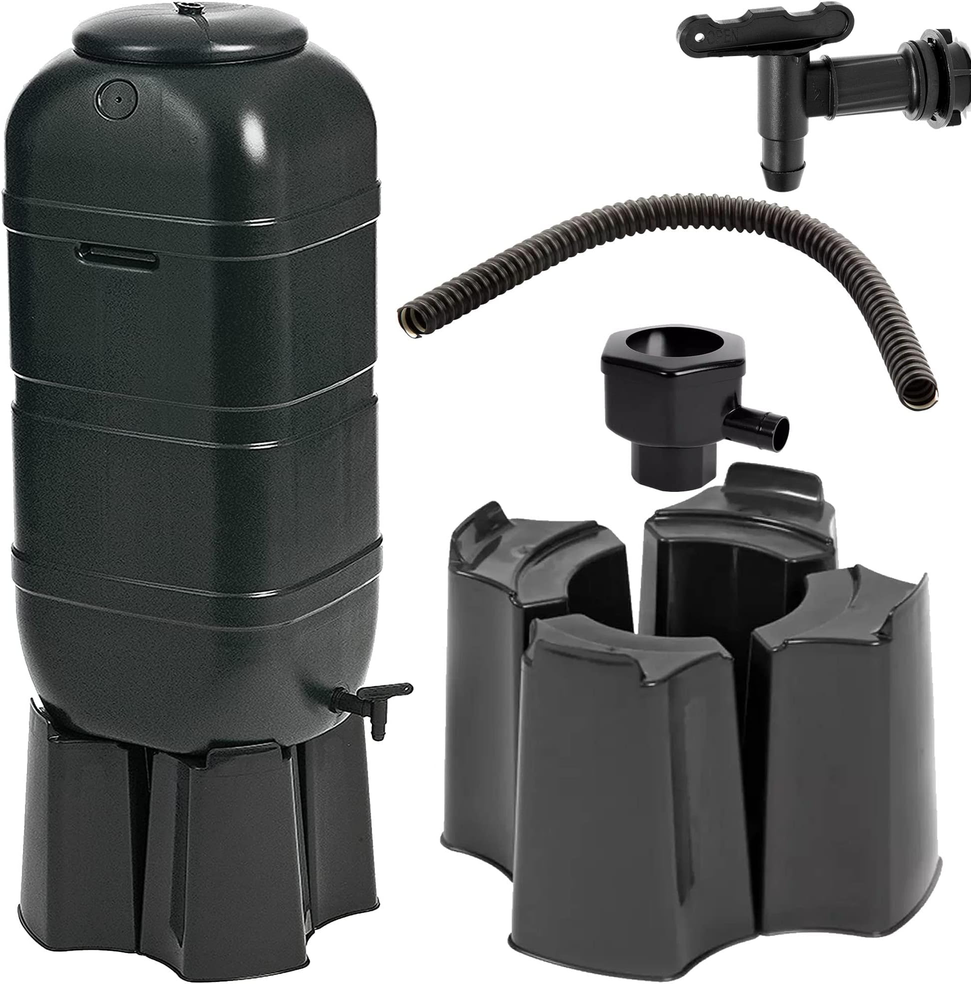 100L Black Slimline Space Saver Water Butt Kit Complete with Stand, Lid and Diverter Rain Saver For Gardens & Decking Areas