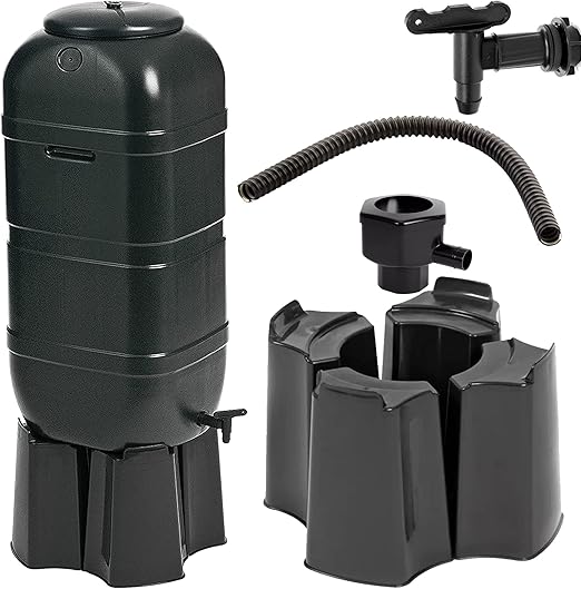 100L Black Slimline Space Saver Water Butt Kit Complete with Stand, Lid and Diverter Rain Saver