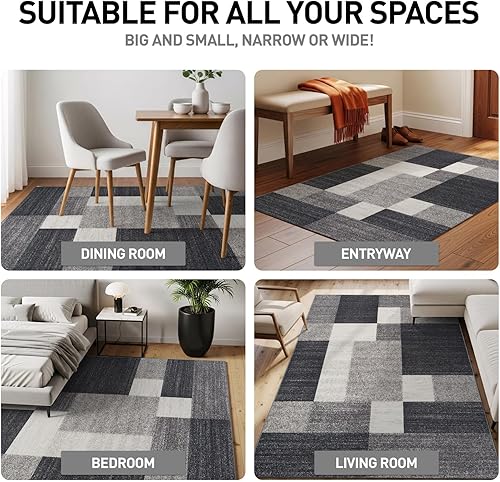 Miniatura 4 de Alfombra con diseño moderno de cuadros (antideslizante), color gris