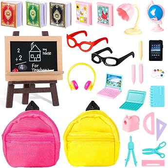 School Supplies Set for Dolls - 30 Pieces with Mini Doll Glasses Backpack Blackboard Laptops Ruler Scissors Book Palette Paper Calculator and Accessories