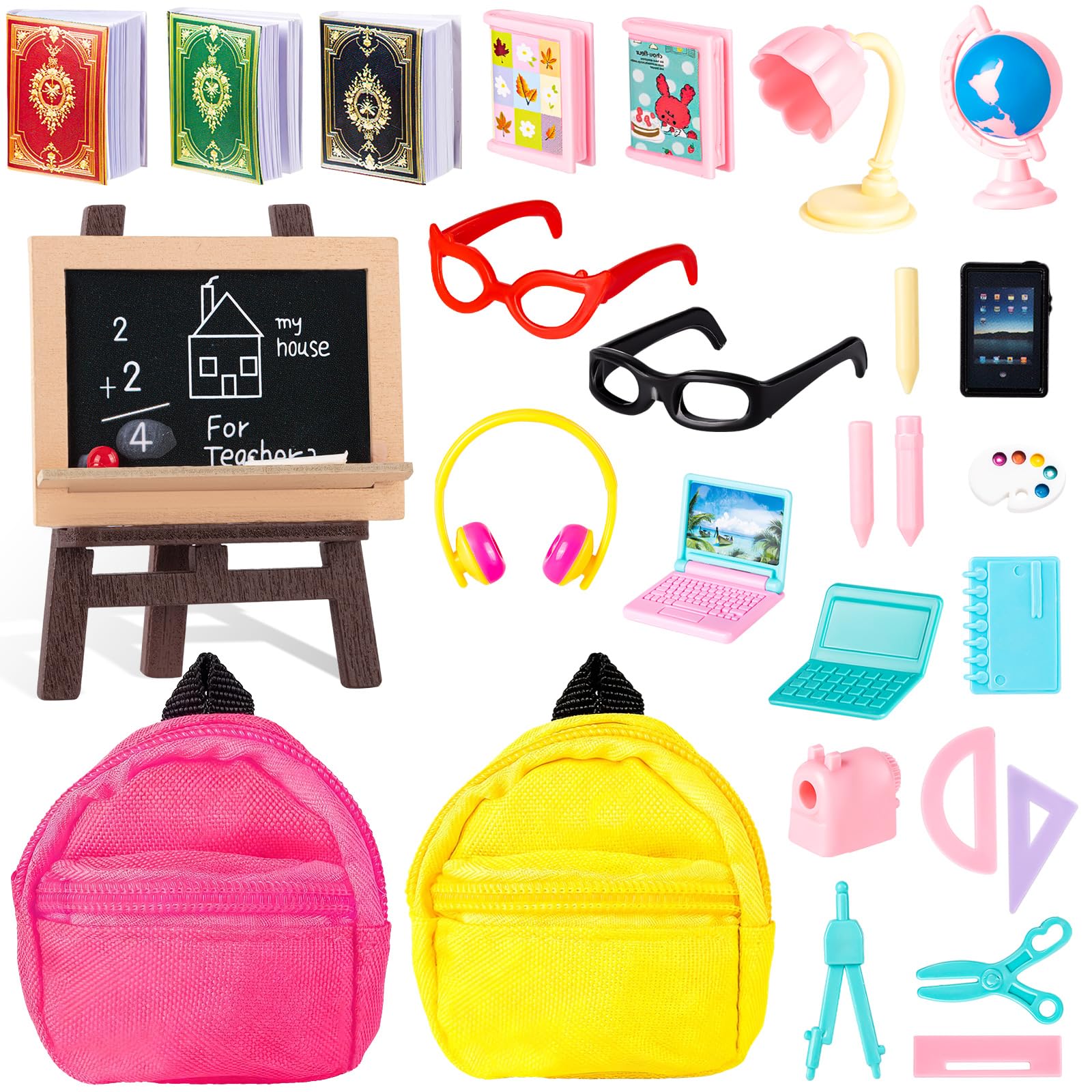 LZMDISU 30Pcs Mini School Supplies, Doll School Supplies Includes Mini Doll Glasses Backpack Blackboard Laptops Ruler Scissors Mini Book Palette Paper Calculator for Dolls Accessories Set