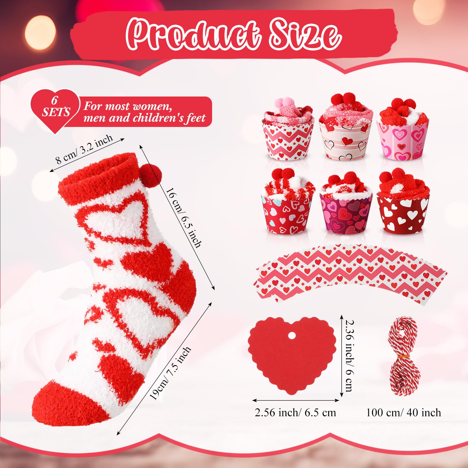 Lot de 6 paires de chaussettes pelucheuses pour la Saint-Valentin avec carte cupcake - Cadeau idéal pour homme et femme (cœur), Couleur mignonne, One Size Women/One Size Men