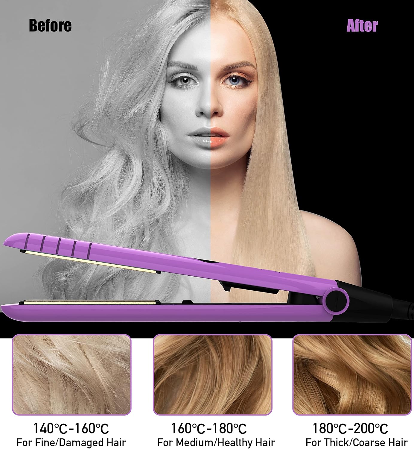 2 in 1 Hair Straightener and Curler-15s Fast Heating Ceramic Flat Iron, LCD Temp Display,Wide Plates for Short/Long Hair, Portable Travel Straightener with Heat-Resistant Glove & Clips,Purple