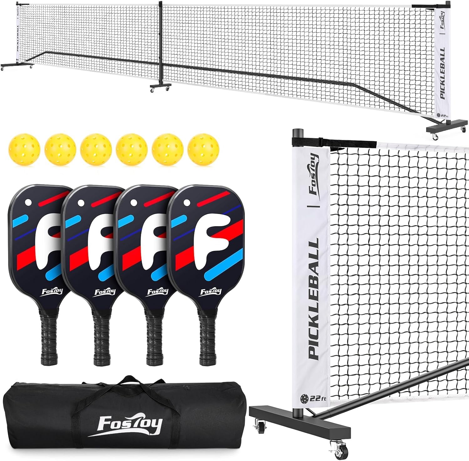 Fostoy Set di retine per pickleball con ruote, dimensioni regolamentari, 4 racchette e 6 palle da sottaceto, borsa per il trasporto, telaio in metallo stabile e rete in polietilene a 18 strati per