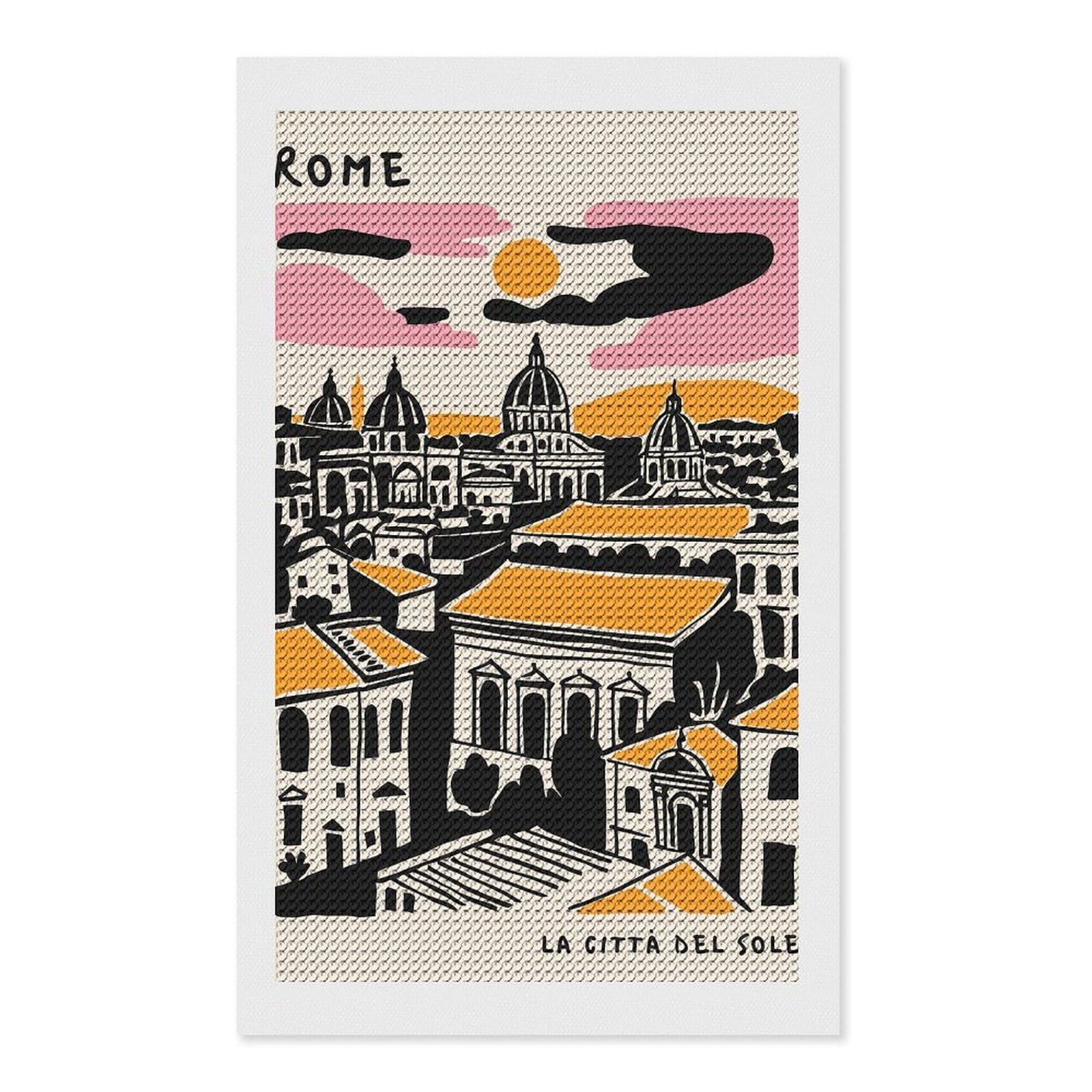 Junmoney Rome Cityscape with Domes and Sun Diamond Art Canvas 12"x20", Easy Handmade Project, Complete Accessories, Bedroom Decor, Birthday Gift
