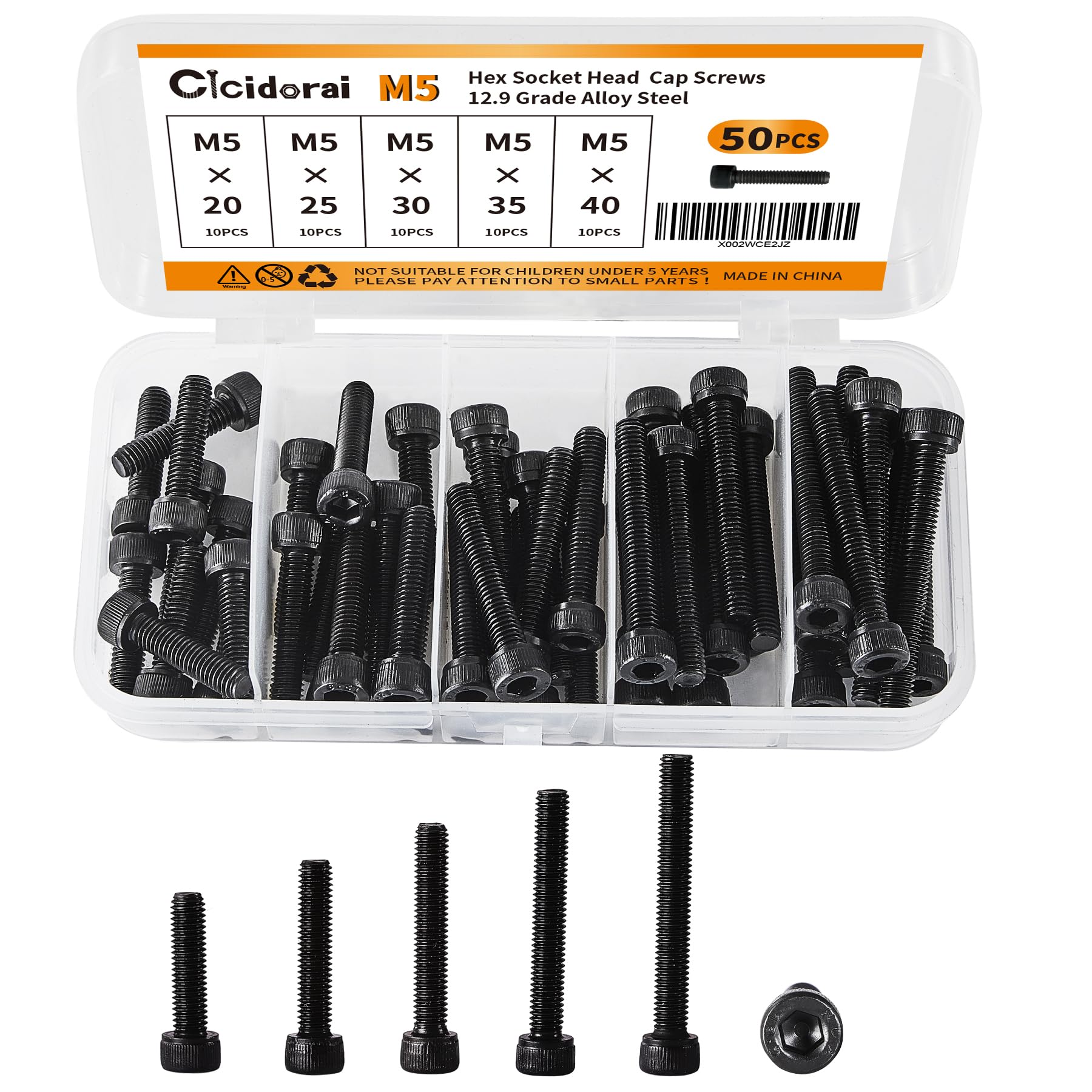 Cicidorai M5 x 20mm 25mm 30mm 35mm 40mm Hex Socket Head Cap Screws Bolts, 12.9 Grade Alloy Steel, Fully Threaded, Black Oxide Finish, Allen Socket Drive, Assortment Kit 50Pcs