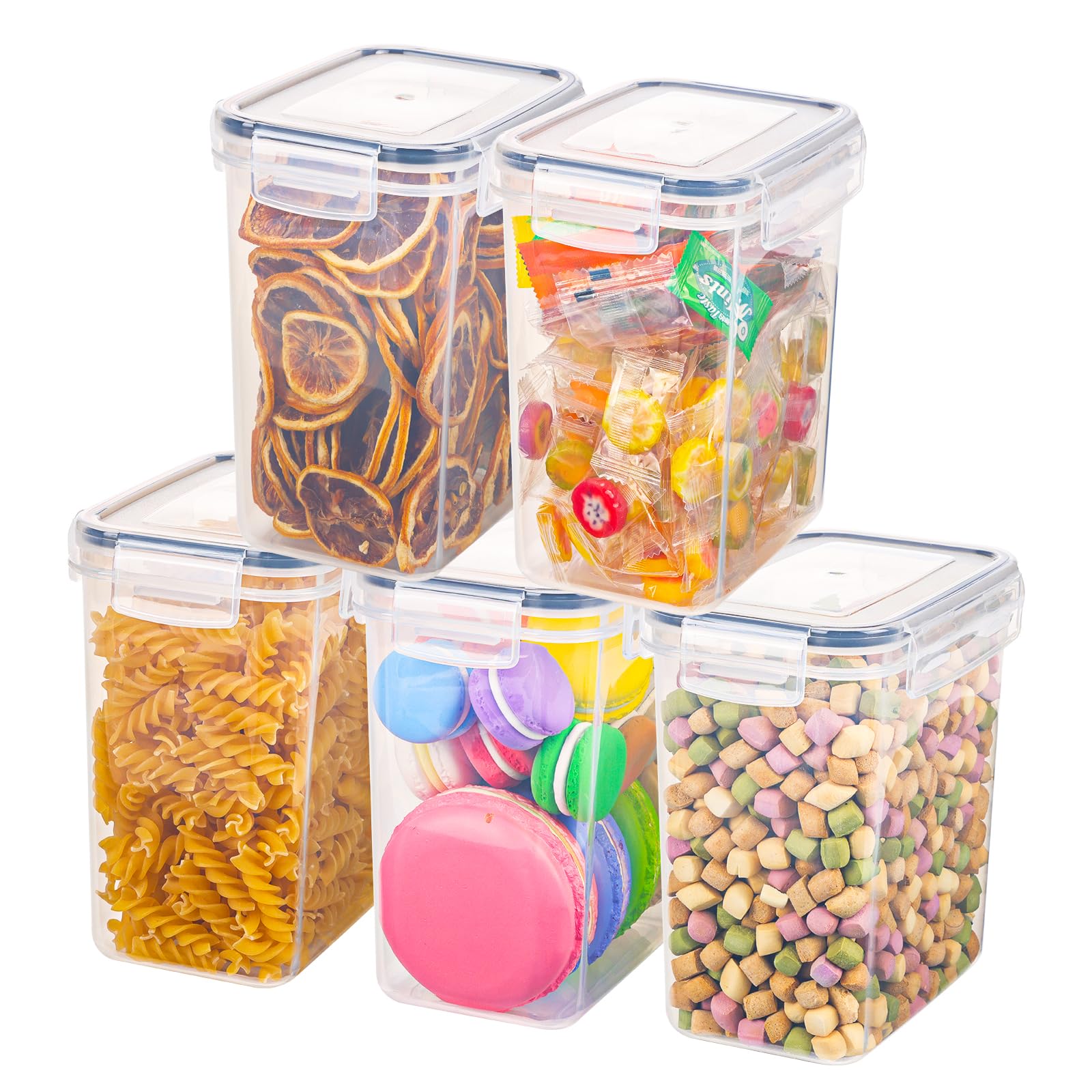 Moretoes5 Pack 1.6L Airtight Food Storage Containers, 1.5qt Plastic Storage Boxes for Organiziting Kitchen with labels and Measuring Bottles, for Cereals, Beans,Sugar, Flour