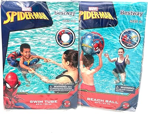 Spiderman - Combo de tubo de natación y pelota de playa, inflable, flotador de piscina, 2 piezas