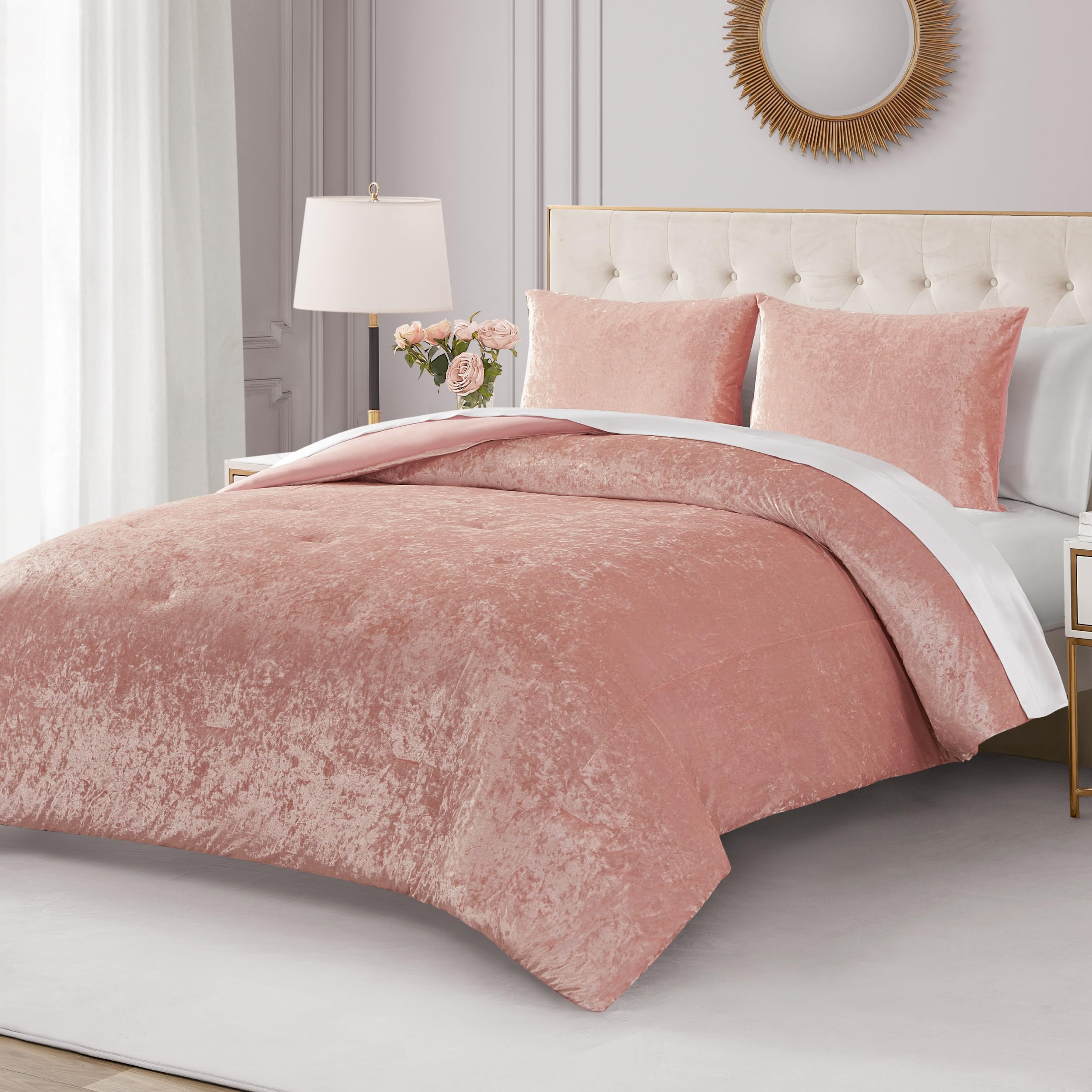 Juicy Couture Crushed Velvet Queen Comforter and Sham Set, 3-Piece Queen Bedding Set - (1) 90"x90" Comforter and (2) 20"x26" Sham - Pink: Pink Velvet Full/Queen