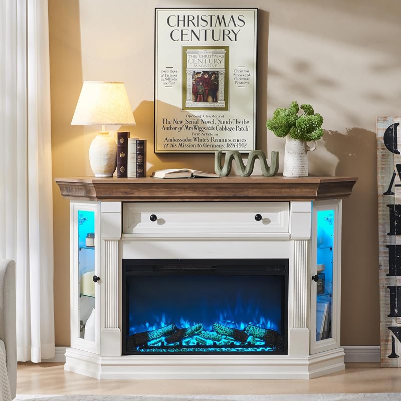 OKD 56" Farmhouse Corner Fireplace TV Stand for 65" TV, Antique White image 6
