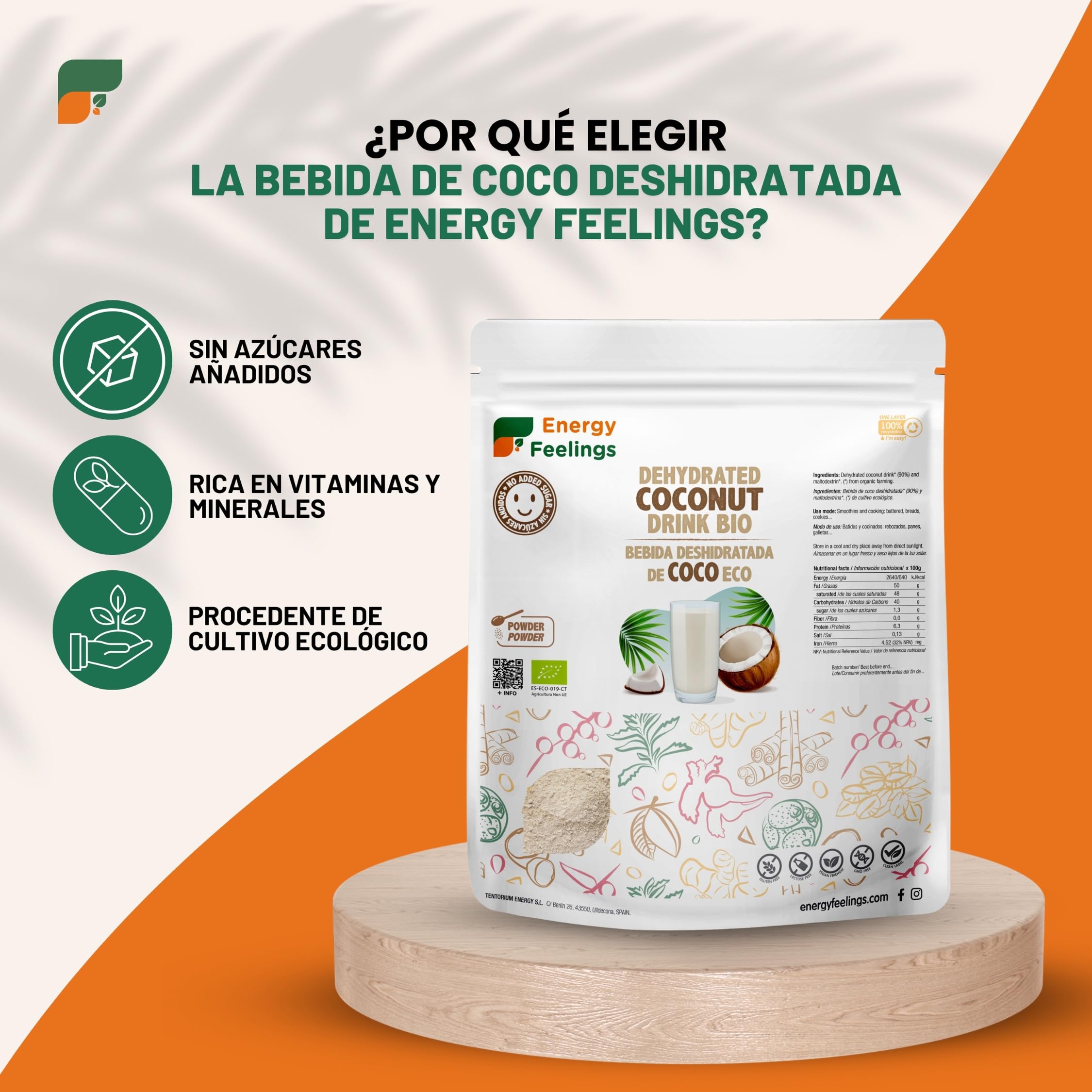 Energy Feelings Bebida de Coco Deshidratada en Polvo Ecológica 200g, Leche en Polvo Sin Lactosa y Sin Azúcares Añadidos, Vegano, Eco Coconut Milk