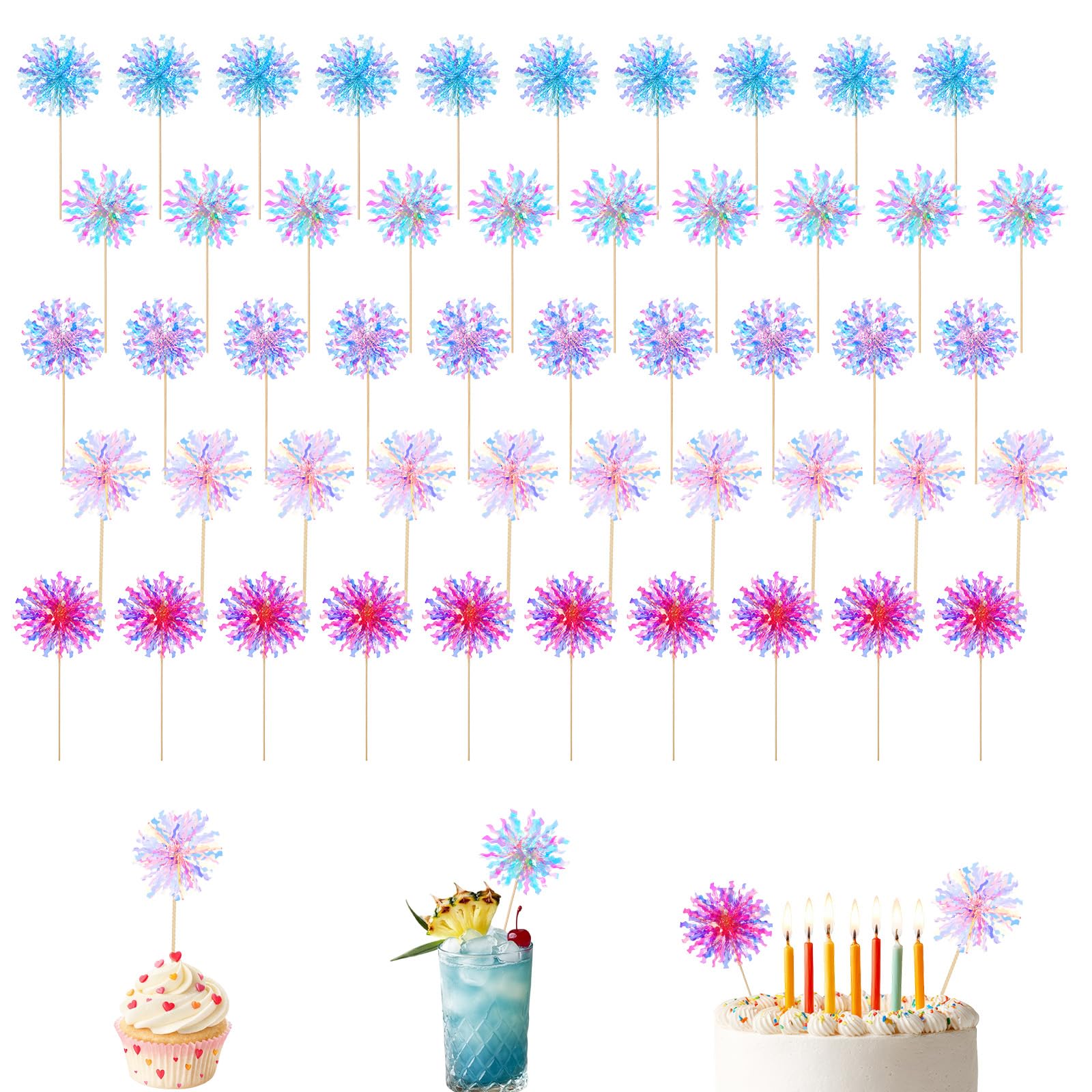 50 Pcs Foil Firework Cupcake Toppers, Sparkle Tinsel Firework Cake Toppers