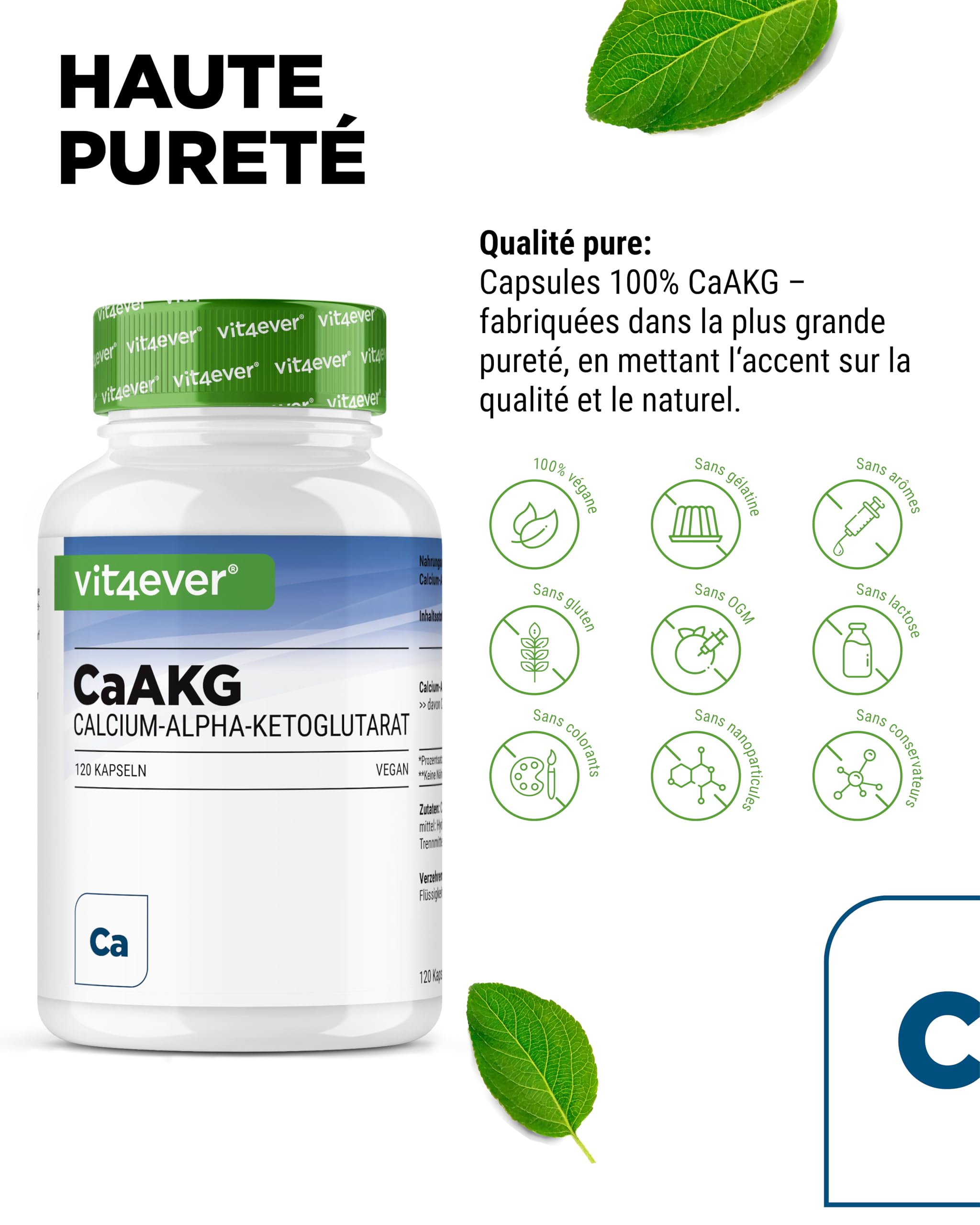 CaAKG - Calcium Alpha-Cétoglutarate - 120 Gélules - Hautement Dosé à 1100 mg par Dose Journalière - Calcium Pur & Alpha-Cétoglutarate Sans Additifs Inutiles, Vegan