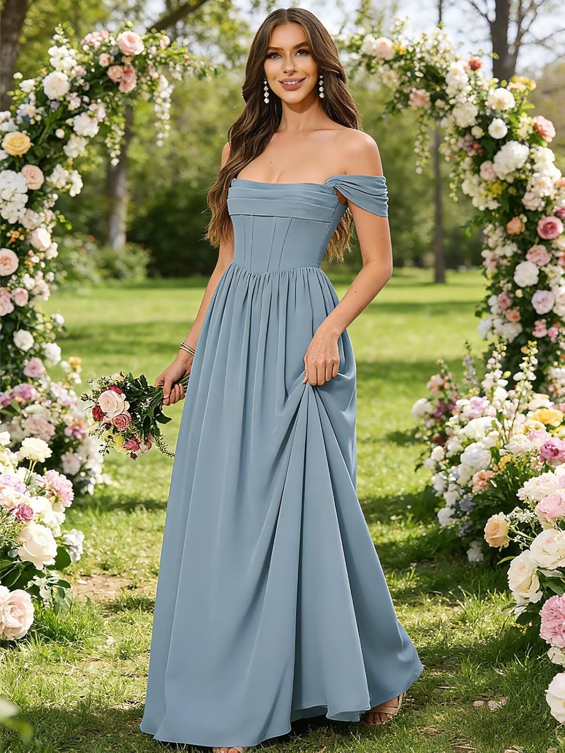 Square Neck Long Bridesmaid Dresses with Pockets Corset Cap Sleeve Off The Shoulder Formal Evening Wedding Guest Gown - Image 2