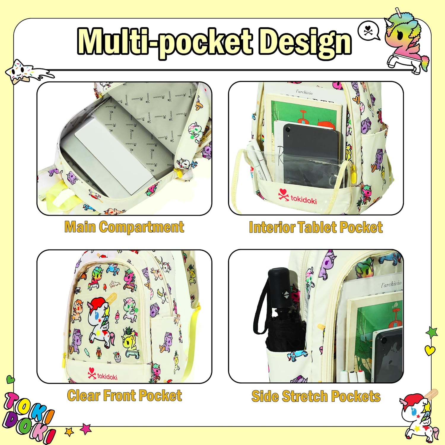 Tokidoki Unicorno Backpack with 4pcs Brooch, Clear Backpacks with Multiple Pockets, Cute PVC Backpacks Large Carry on Backpack College Bookbag Casual Daypack for Travel Outdoor Sports(Frozen_Treats) - Image 3