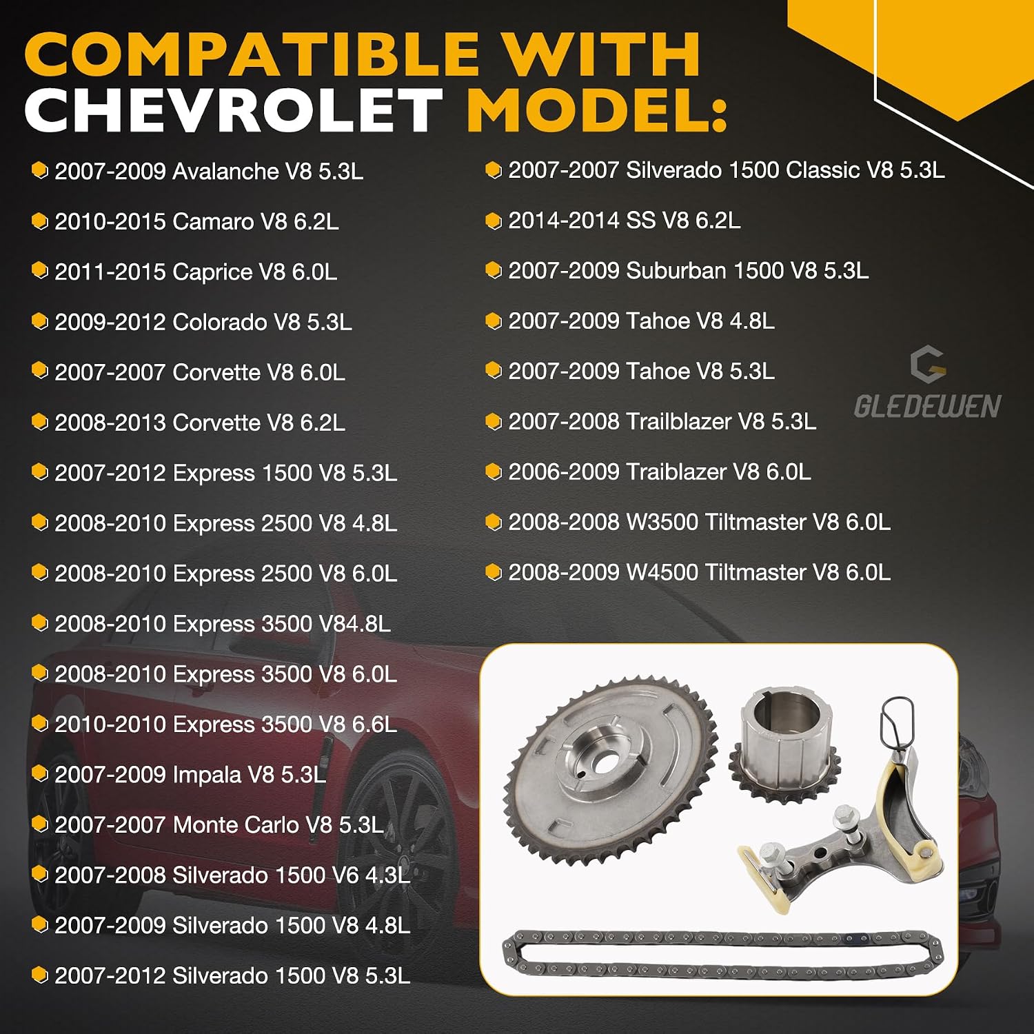 4.3L 4.8 5.3 6.0 6.2 6.6L Engine Timing Chain Kit With Tensioner, Compatible with 2006-2015 Chevy GMC Cadillac Buick Hummer Saab Pontiac, V8 Engine, Replace# 9-4205 9-5490