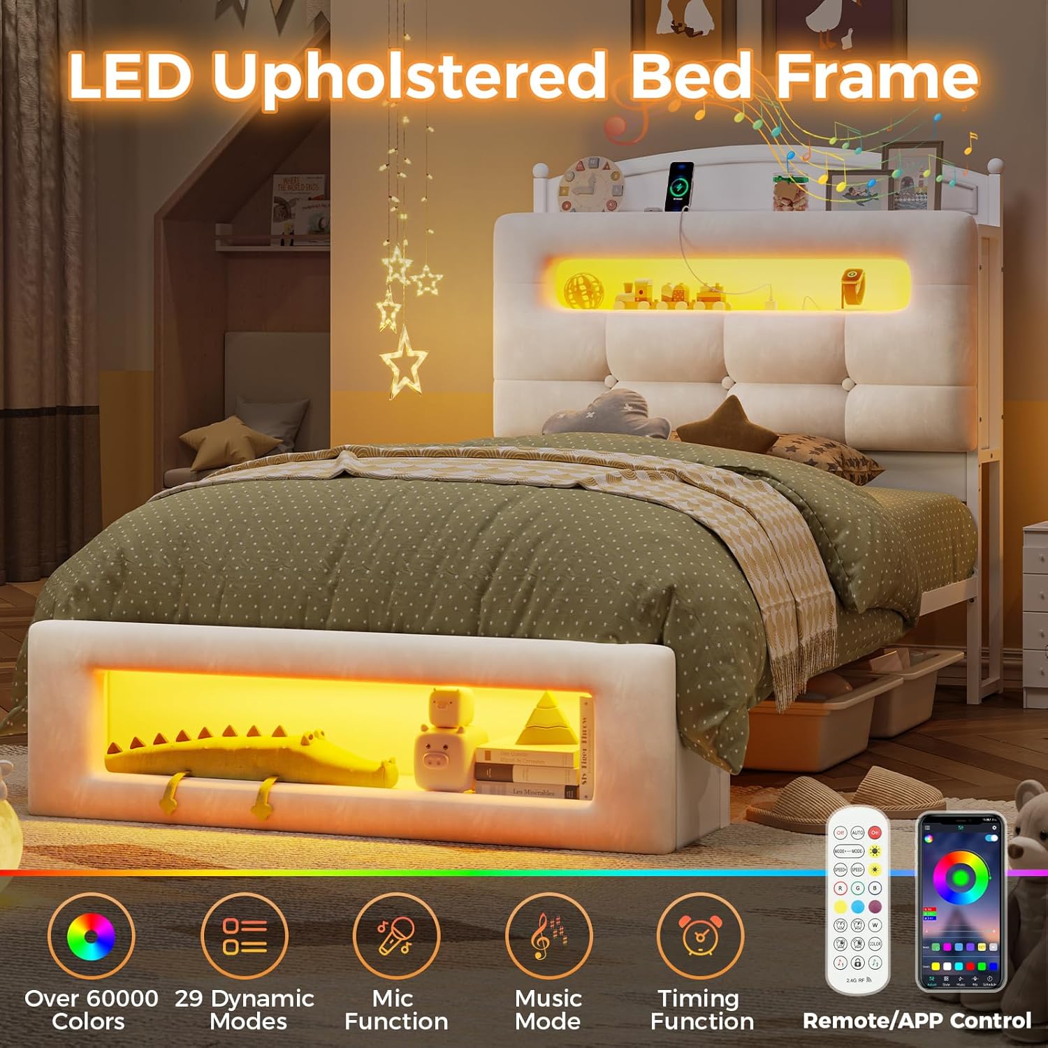 Twin Size Upholstered Platform Bed Frame with LED Lighting, Storage Headboard and Footboard, Remote/App Control, No Box Spring Needed,White (Twin)