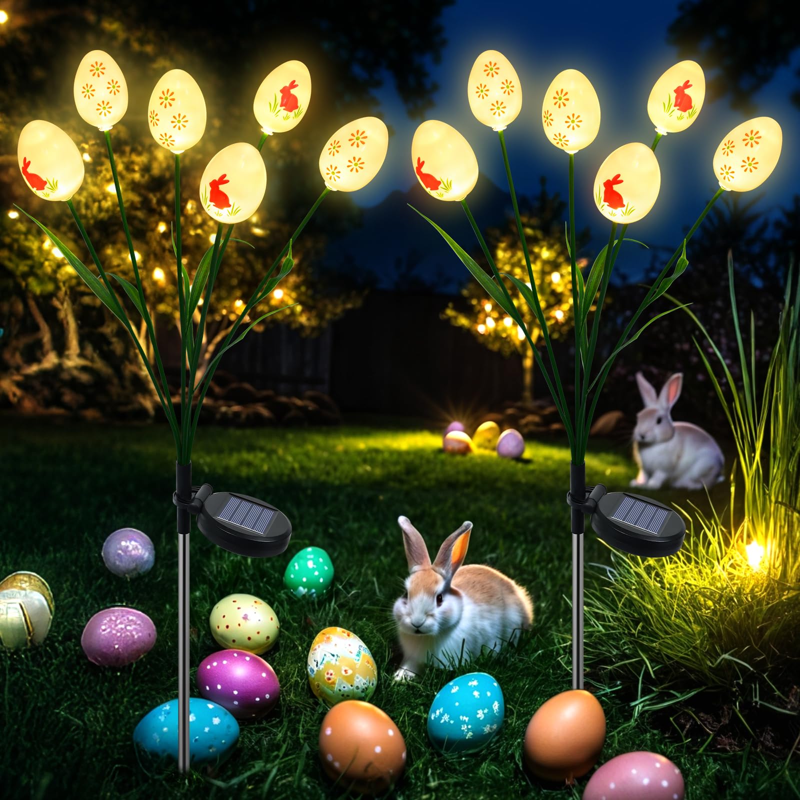 Ostern Deko für Außen Garten, 2 Stück Solarlampen für Außen Con 12LED Ostereier mit Hasenmuster, 2 Modi Wasserdicht Ostern Deko für Balkon Garten Party