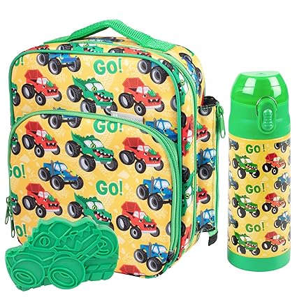Bentology Kids Lunch Bag Set Green Monster Truck- Thick Padded, Insulated Tote, Reusable Hard Ice Pack & Insulated Stainless Steel Water Bottle- Keeps Lunch Fresh Longer, Back to School Lunchbox Kits