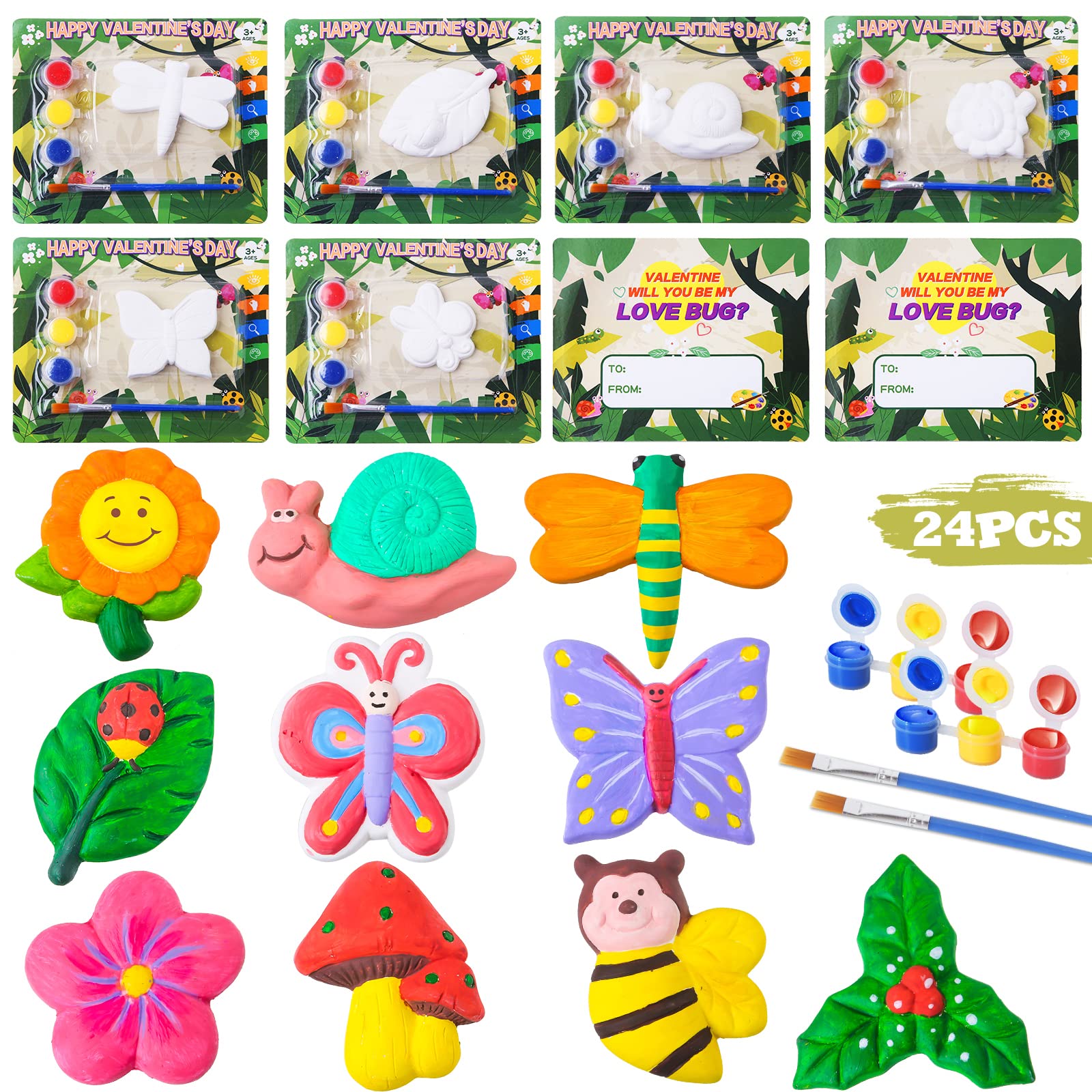 shemira valentine's day cards for kids- 24 pack of plaster painting kit with valentines greeting cards for kids, valentine's school classroom gifts exchange, valentine's party favor supplies