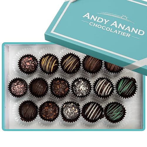 ANDY ANAND CHOCOLATIER Caja de regalo de trufas de chocolate negro belga sin gluten, surtido inspirado en el sabor premium con notas cítricas,