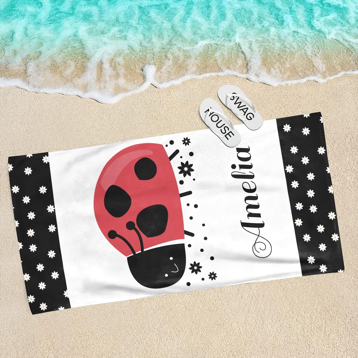 Personalized Beach Towels for Kids Girls Boys,Ladybird Flower,Custom Bath Towels for Travel,Beach,Bathroom,Pool,60X30 Inches
